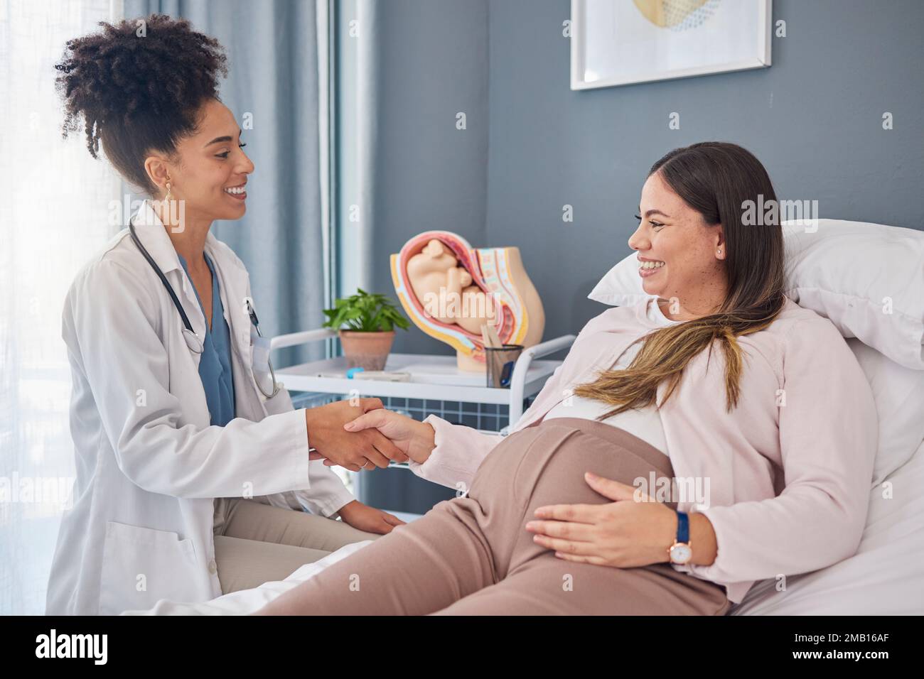 Schwangere Patientin, Arzt und Gynäkologe Hand schütteln für Willkommen, danke und hallo Schwangerschaft Mutterschaftsberatung, Gynäkologie und Frau Stockfoto