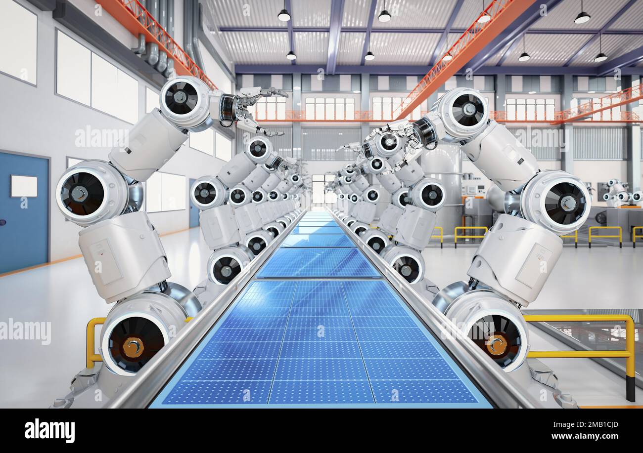 Automatisierungswerk mit 3D-Rendering-Roboter-Montagelinie produziert Solarpaneele Stockfoto