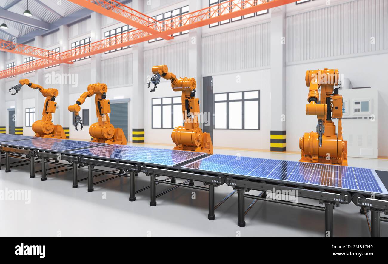 Automatisierungswerk mit 3D-Rendering-Roboter-Montagelinie produziert Solarpaneele Stockfoto