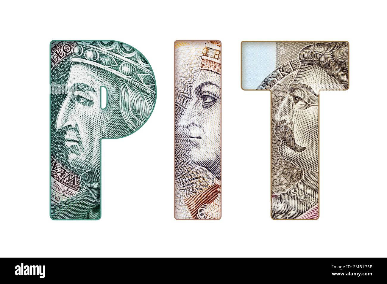 Text für Inscription PIT (persönliche Einkommensteuer) aus polnischen Banknoten, isoliert auf weißem Hintergrund. Stockfoto