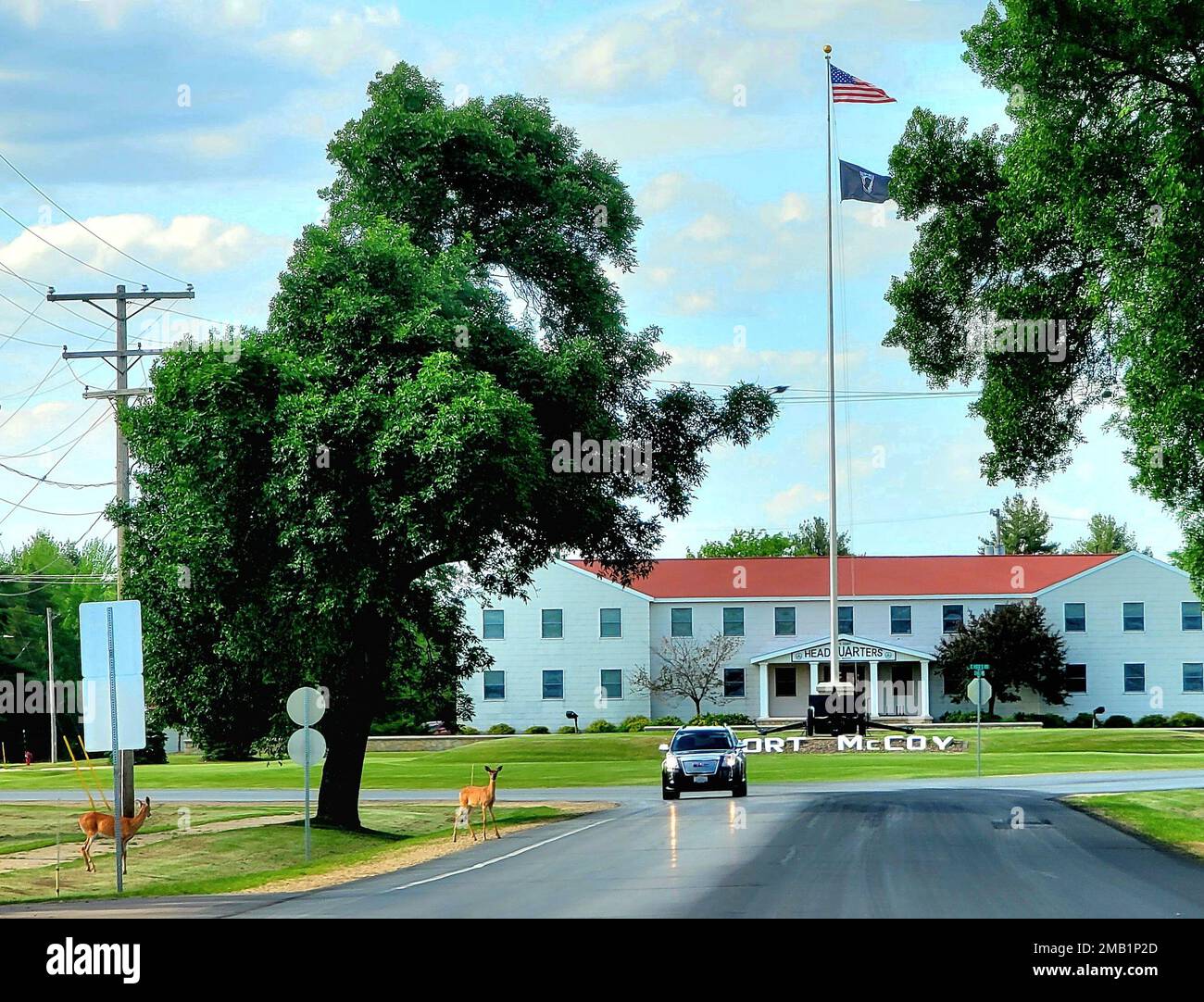 Die amerikanische Flagge auf der Garnison-Fahnenstange wird am 9. Juni 2022 in Fort McCoy, Wisconsin, gezeigt. Im Herzen des oberen Mittleren Westens gelegen, ist Fort McCoy das einzige US-amerikanische Unternehmen Armee-Einrichtung in Wisconsin. Seit 1984 bietet die Anlage Unterstützung und Einrichtungen für die Schulung von mehr als 100.000 Militärangehörigen aus allen Bereichen im Feld und im Unterricht. Erfahren Sie mehr über Fort McCoy online unter https://home.army.mil/mccoy, über das Defense Visual Information Distribution System unter https://www.dvidshub.net/fmpao, auf Facebook durch die Suche nach „ftmccoy“ und auf Twitter durch die Suche nach „usagmccoy“. Stockfoto