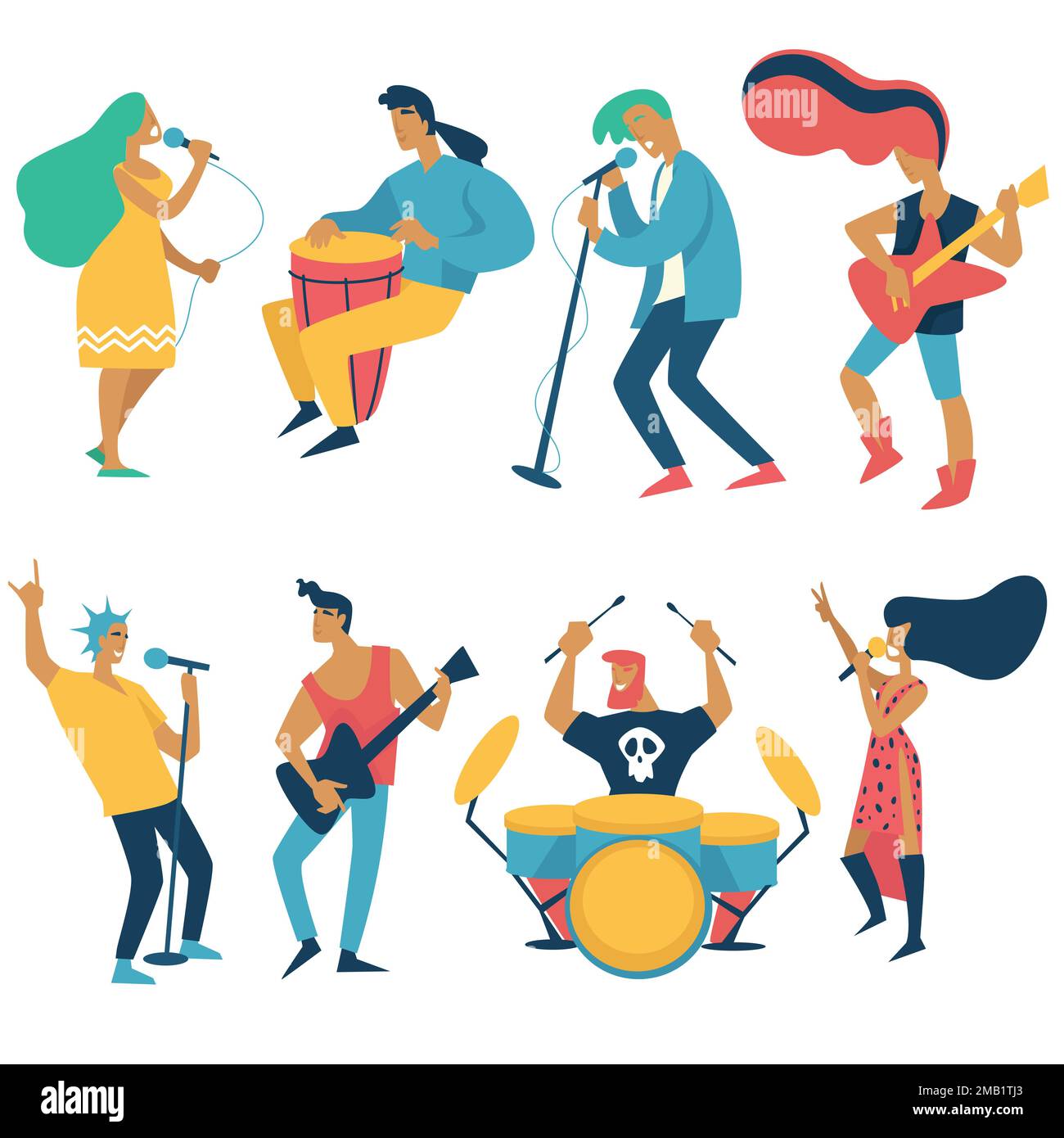 Rockkonzert- und Folk-Sänger und Musiker isolierten die Figuren Vektormikrofone für Männer und Frauen und tomtom Electric Gitarre und Schlagzeug-Sänger. A Stock Vektor