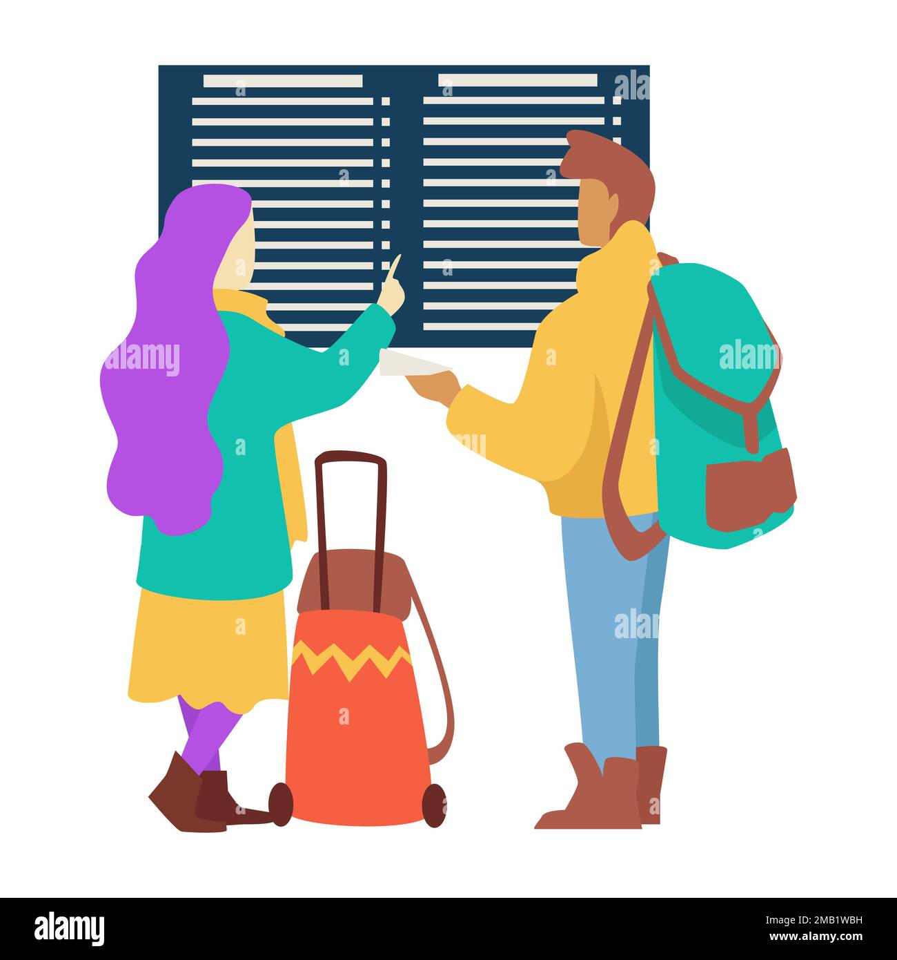 Reisende Paare am Flughafen, die Flüge überprüfen, planen Vektormaus und Frau mit Rucksack und Koffer Abflug- und Ankunftszeit wartet Stock Vektor