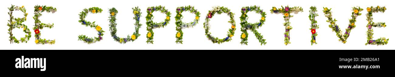 Blühende Blumenbriefe Englisches Wort Aufbauen Unterstützen Stockfoto