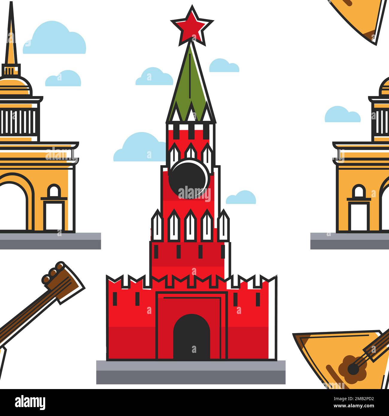 Russische Architektur und Musik nahtlos gemustert Kreml und Admiraliegebäude Stock Vektor
