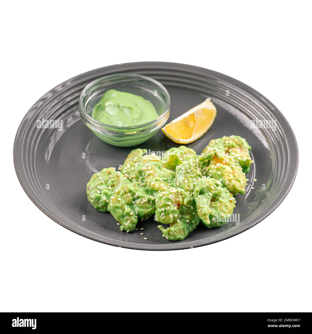 Isolierte Portion Wasabi Tiger Shrimp Vorspeise Stockfoto