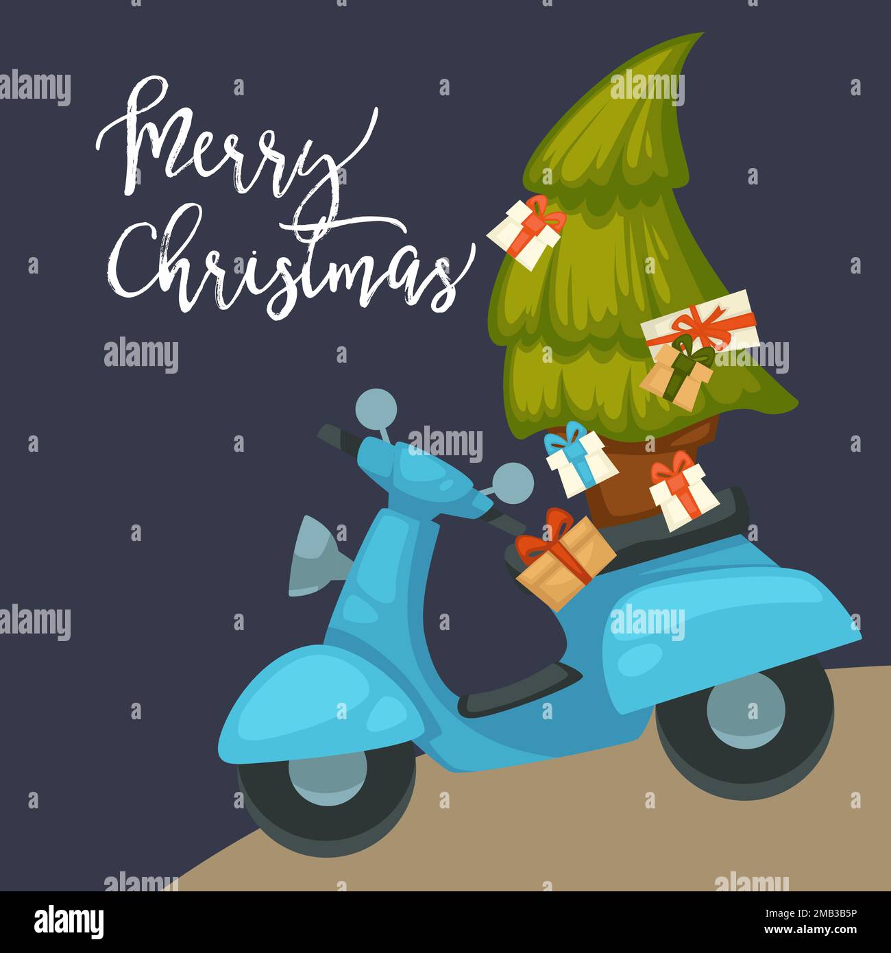 Fröhliche Weihnachten Postkartenmoped mit Geschenken und Weihnachtsbaum Stock Vektor