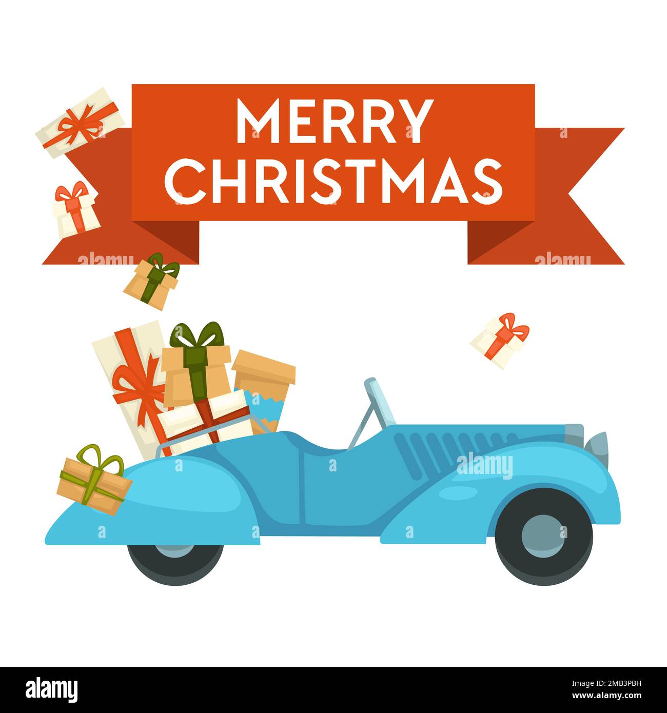 Frohe Weihnachten Grußkarte Auto mit Geschenken oder Geschenken Stock Vektor