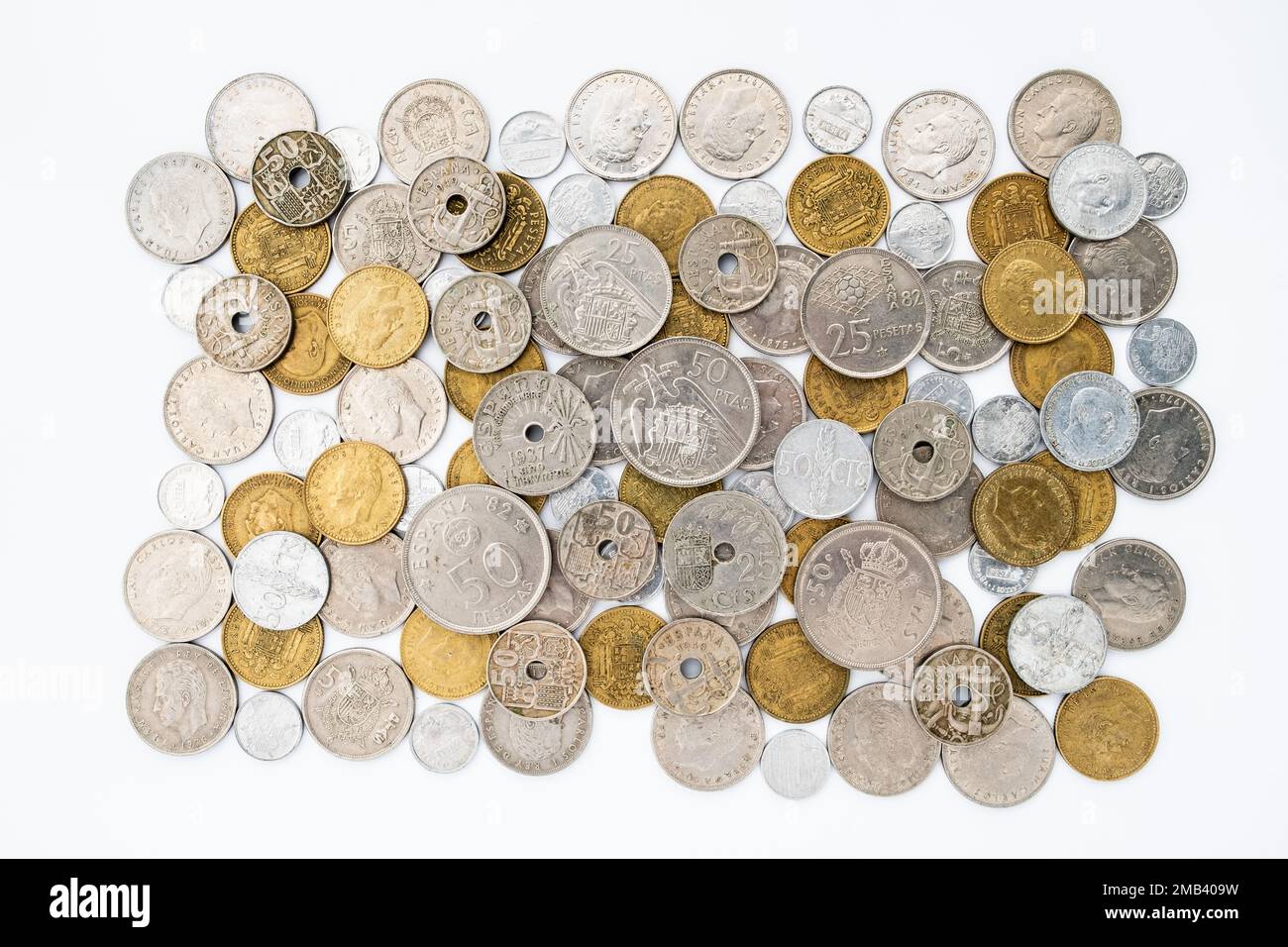 Spanisches Geld aus dem letzten Jahrhundert. Alte spanische Münzen Stockfoto