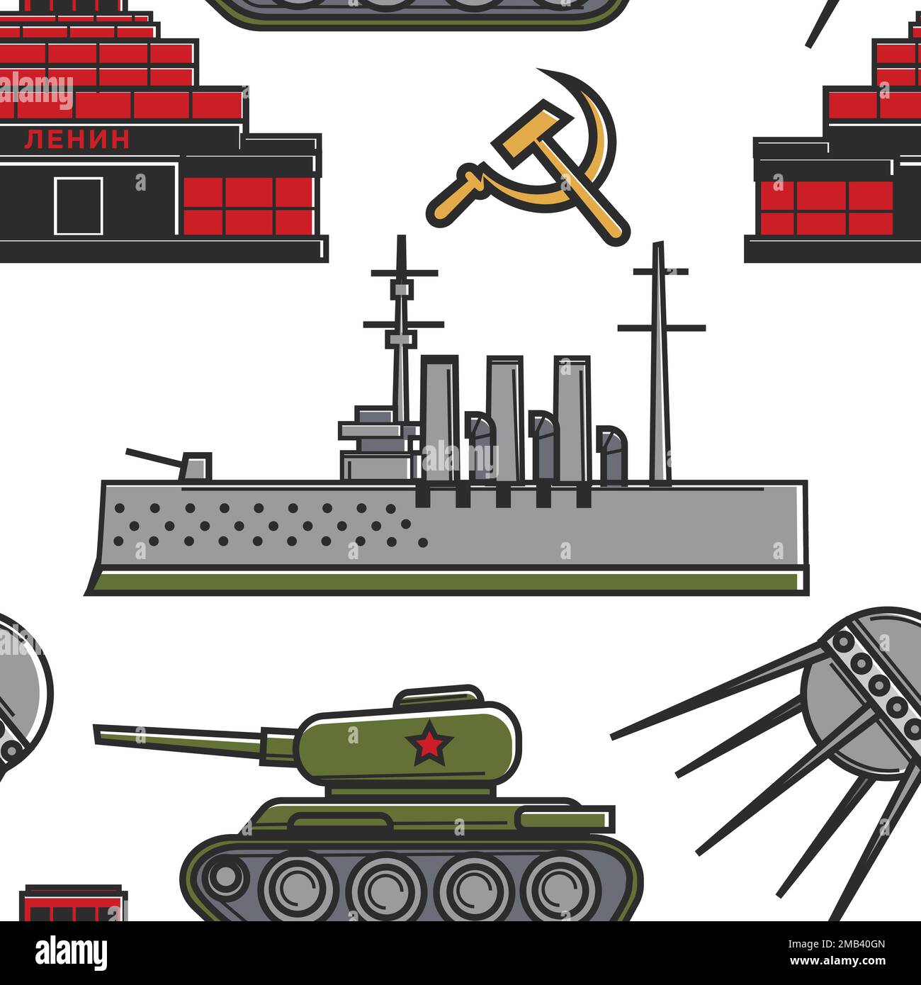 Militärgüterarchitektur und -Technologie der Sowjetunion oder der UdSSR Nahtloses Mustervektorschiff und Panzermausoleum Lenins und Satellitenhammer und Stock Vektor