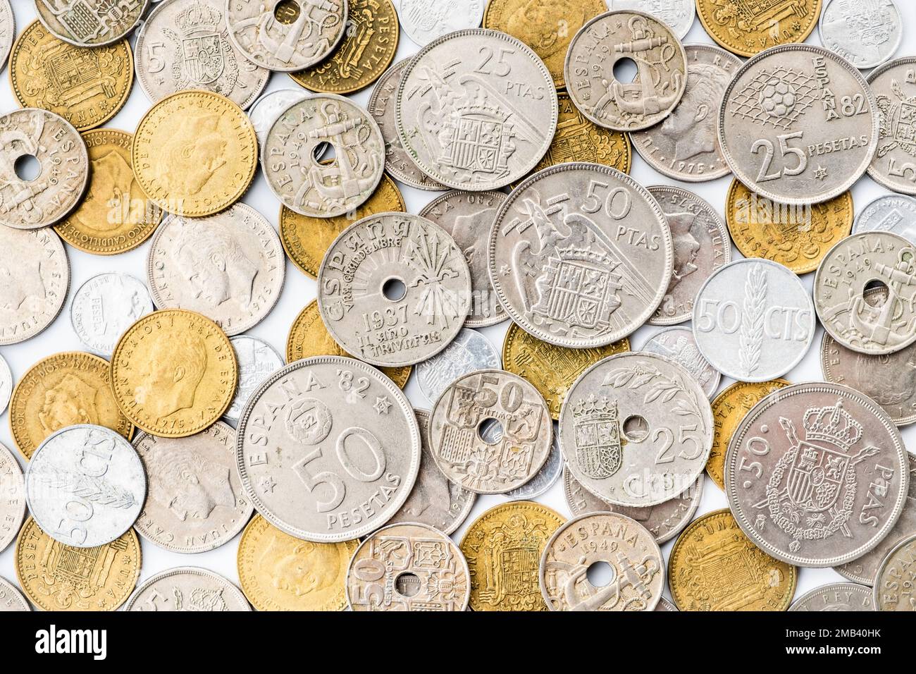 Alte spanische Münzen des 20. Jahrhunderts. Das aktuelle Geld Spaniens Stockfoto