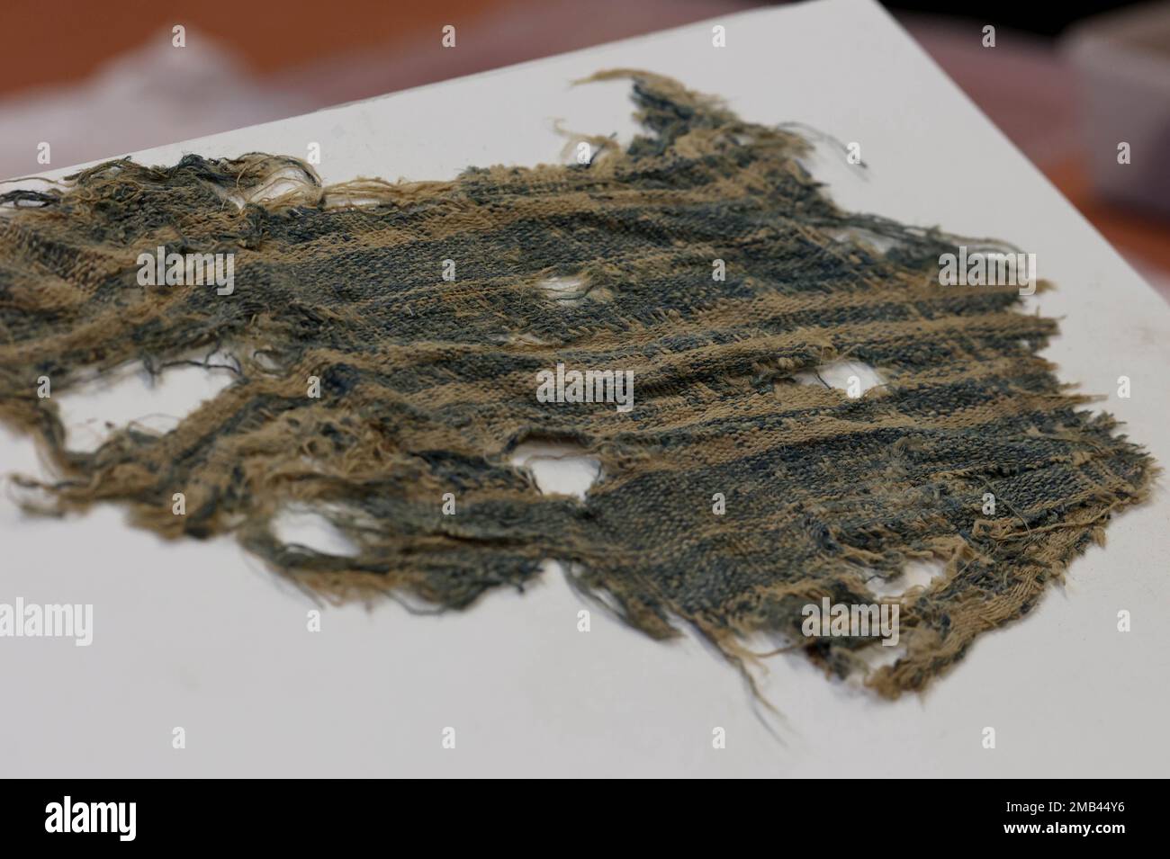 Haifa, Israel. 19. Januar 2023. Ein Stück importiertes farbenfrohes Gewebe wird in einem Labor an der Universität von Haifa (UH) in Haifa, Israel, am 19. Januar 2023 gesehen. Israelische Archäologen haben Hunderte von 1.300 Jahre alten importierten bunten Stoffen entdeckt, sagte die Universität von Haifa (UH) in einer Erklärung am Dienstag. PASSEND zu „Israel entdeckt 1.300 Jahre alte farbige Seidenstoffe aus China“. Kredit: Gil Cohen Magen/Xinhua/Alamy Live News Stockfoto