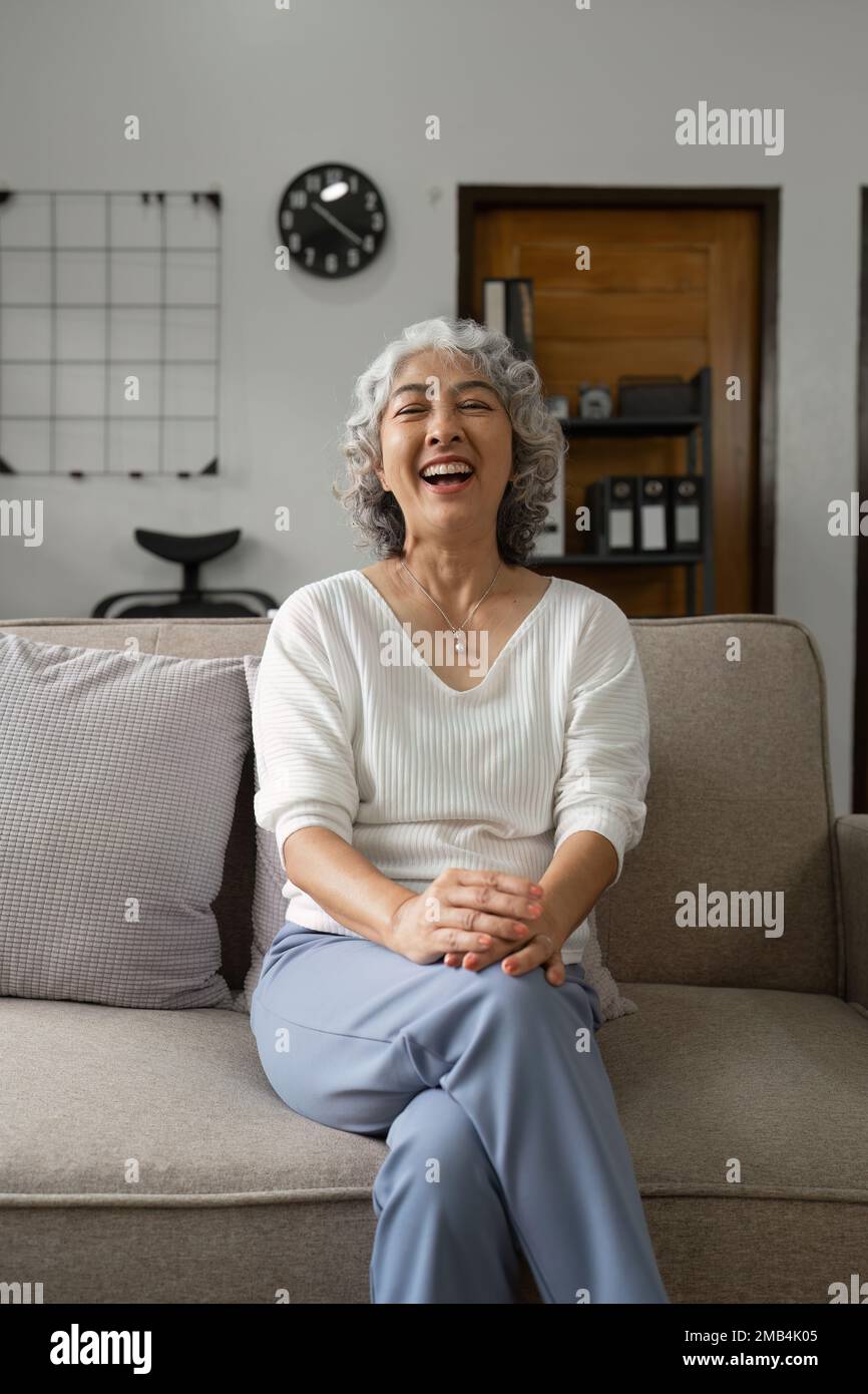 Portrait glücklich gesunde ältere Frau, die zu Hause auf einer bequemen Couch sitzt. Stockfoto