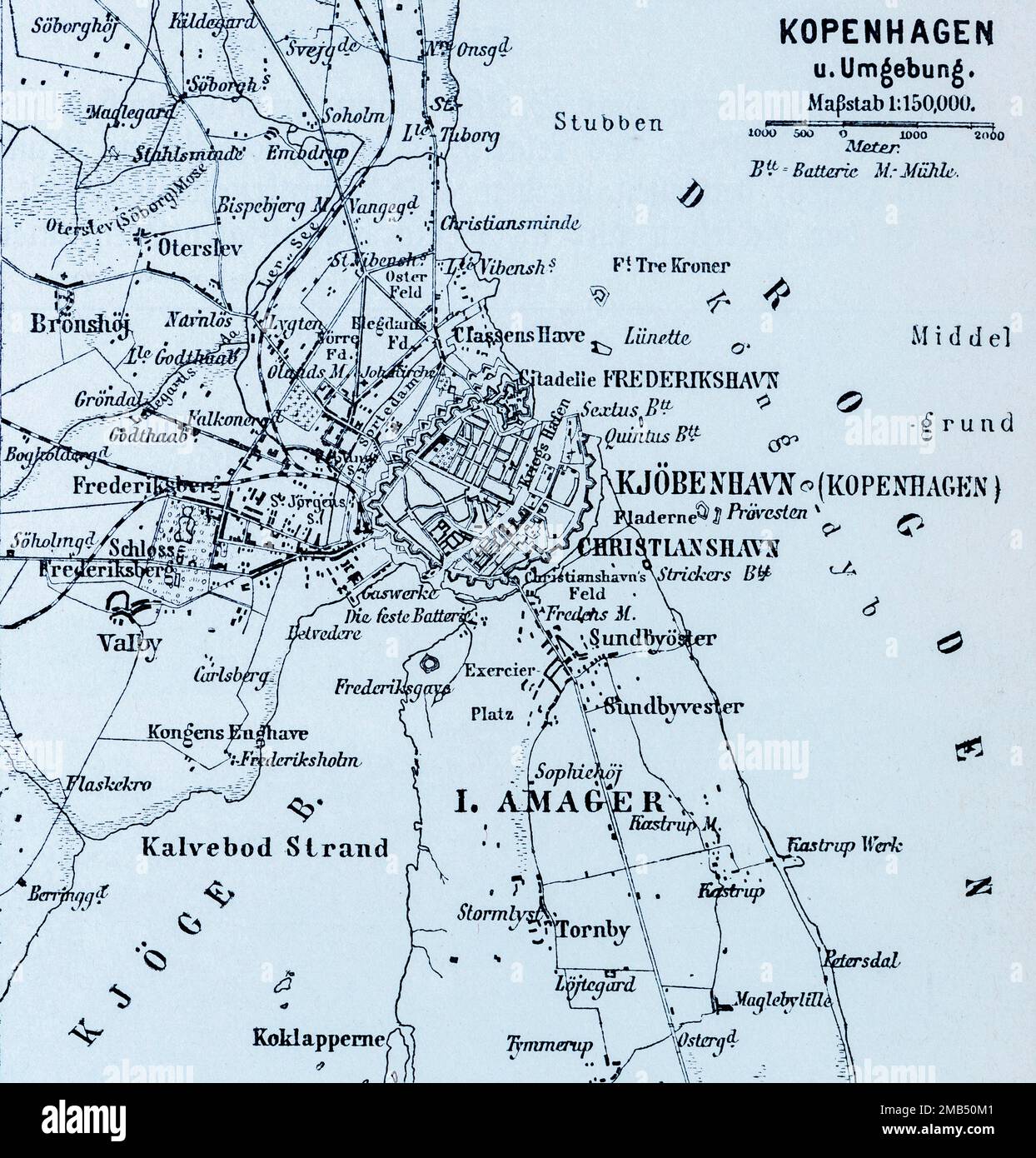 150,000, Grundriss, Bezirk Amager, Christianshavn, Frederikshavn, lille Tuborg, Schloss Frederiksberg, Kriegshafen, Bahnlinie, Paradeplatz Stockfoto