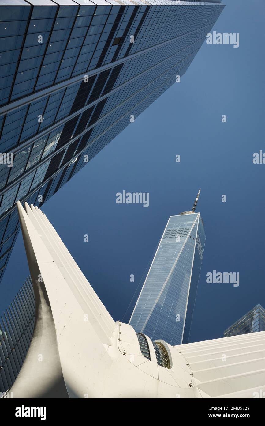 Flachblick auf einen Teil des World Trade Center Komplexes in New York Stockfoto