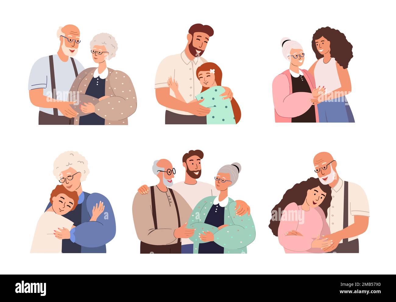 Sammlung von Kindern oder Enkelkindern mit Eltern und Großeltern.Erwachsene Männer und Frauen, die reife Eltern auf weißem Hintergrund umarmen.relati Stockfoto