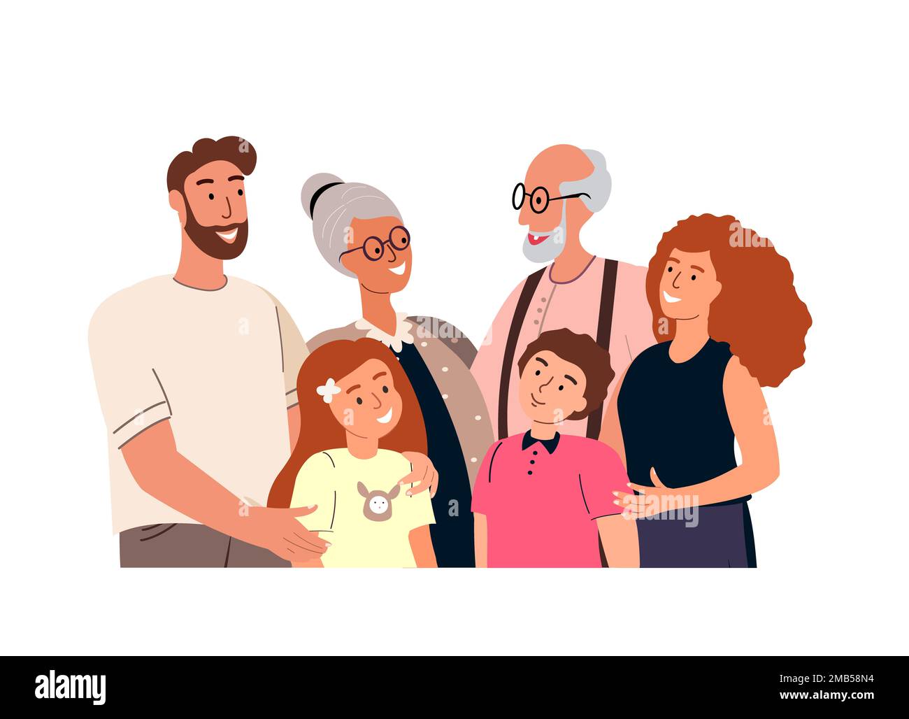 Familienunterstützung, Liebe, Hilfe-Konzept. Glückliche Senioreneltern, Erwachsene Tochter und Sohn, Kinder, Enkelkinder Portrait. Harmonie in gesunden Bindungsbeziehungen.flach Stockfoto