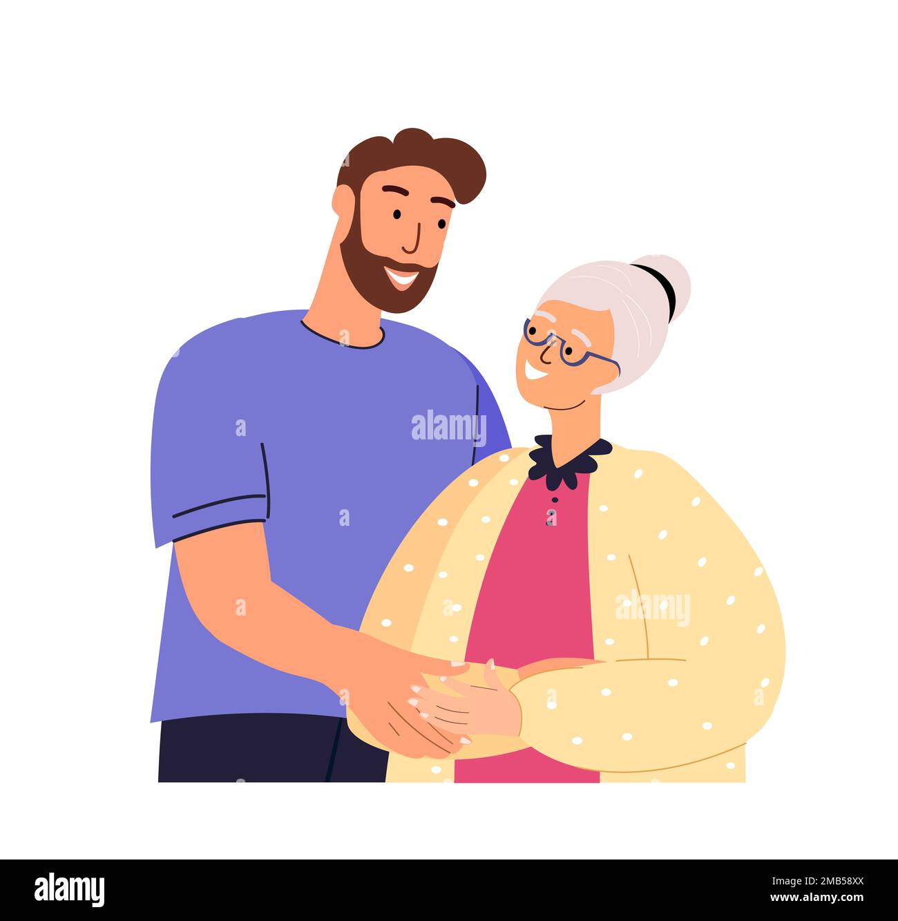 Glücklicher erwachsener Sohn umarmt alte Mutter Gefühl Liebe zu einander. Porträt eines jungen Mannes, der seine Großmutter umarmt. Freundliche Familienbeziehung. Cartoon-Vektor Stockfoto