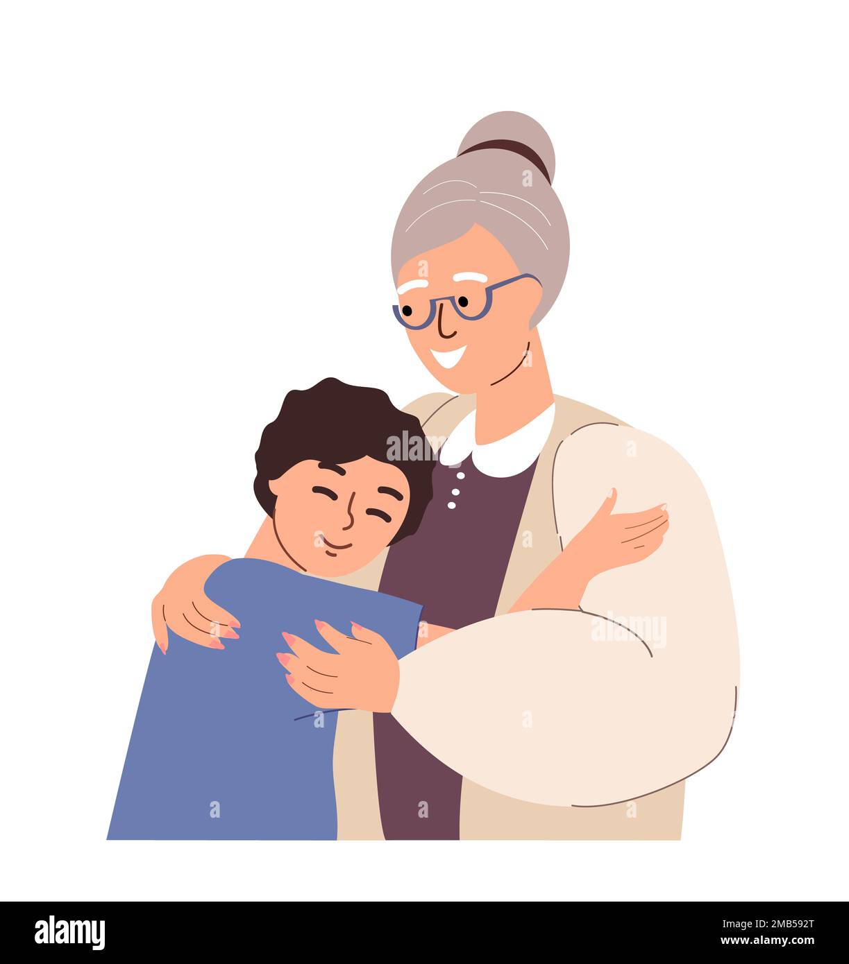 Großmutter und Junge umarmen sich zusammen.Liebe von Großmutter und Enkelkind.Ältere Frau unterstützt Enkelsohn. Frohe Oma und Kind, warme Umarmungen. Flacher Vektor Stockfoto