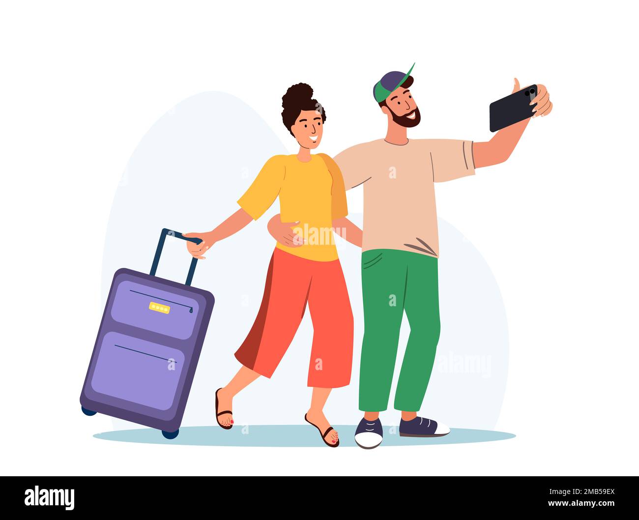 Familienausflug, Reisekonzept. Helles, glückliches romantisches Paar mit Koffer, das Selfie-Foto macht. Touristische Figuren, Gepäckboarden im Flugzeug, Reisender Stockfoto