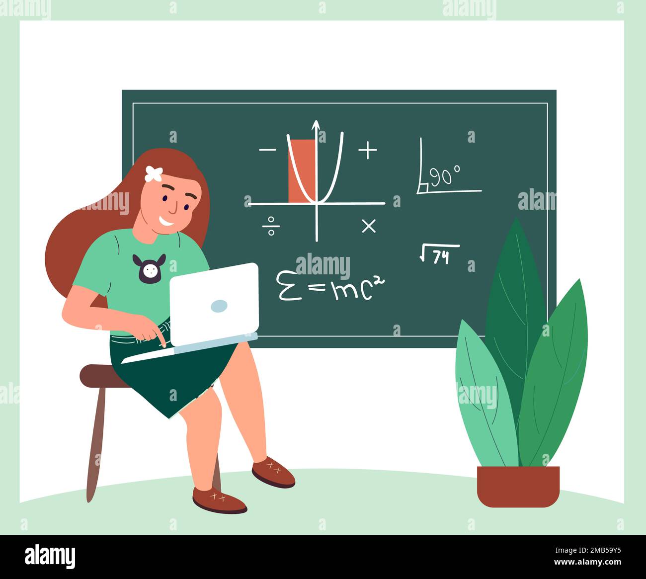 Schüler studieren und lernen Geometrie und Algebra in Laptop isoliert auf weißem Hintergrund.Online-Lektion in Laptop im Klassenzimmer in der Nähe des Schwarzen Bretts, Online Ed Stockfoto