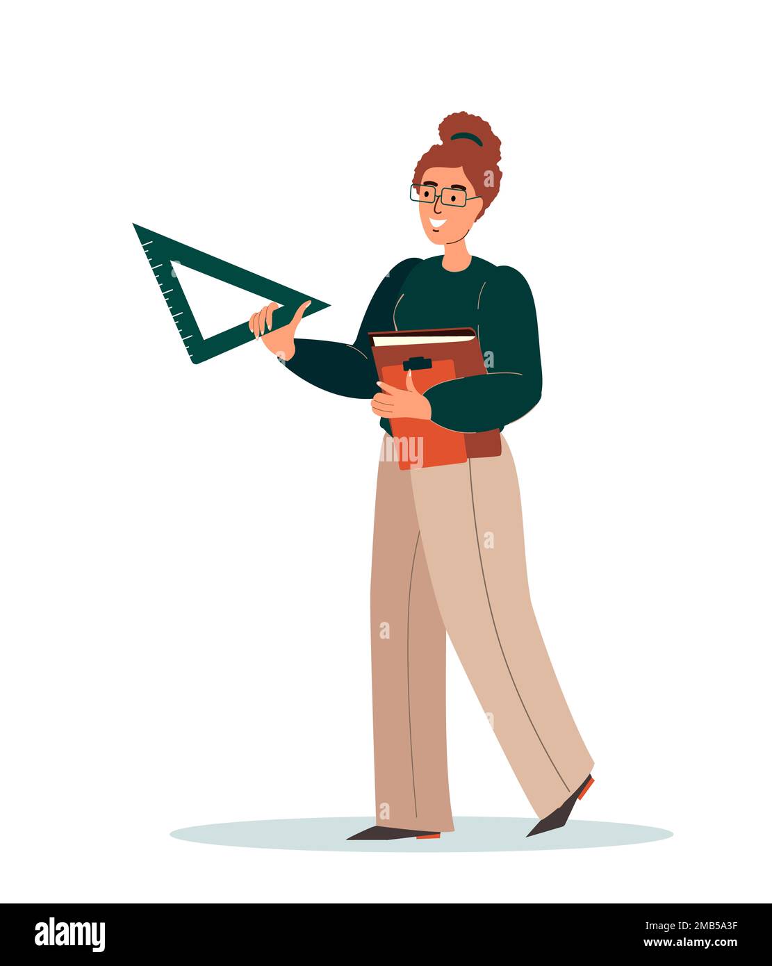 Lehrer mit Protractor isoliert auf weißem Hintergrund. Reife attraktive weibliche Figur Tragen Sie formelle Kleidung Erklären Sie den Schülern im Klassenzimmer die Lektion Stockfoto