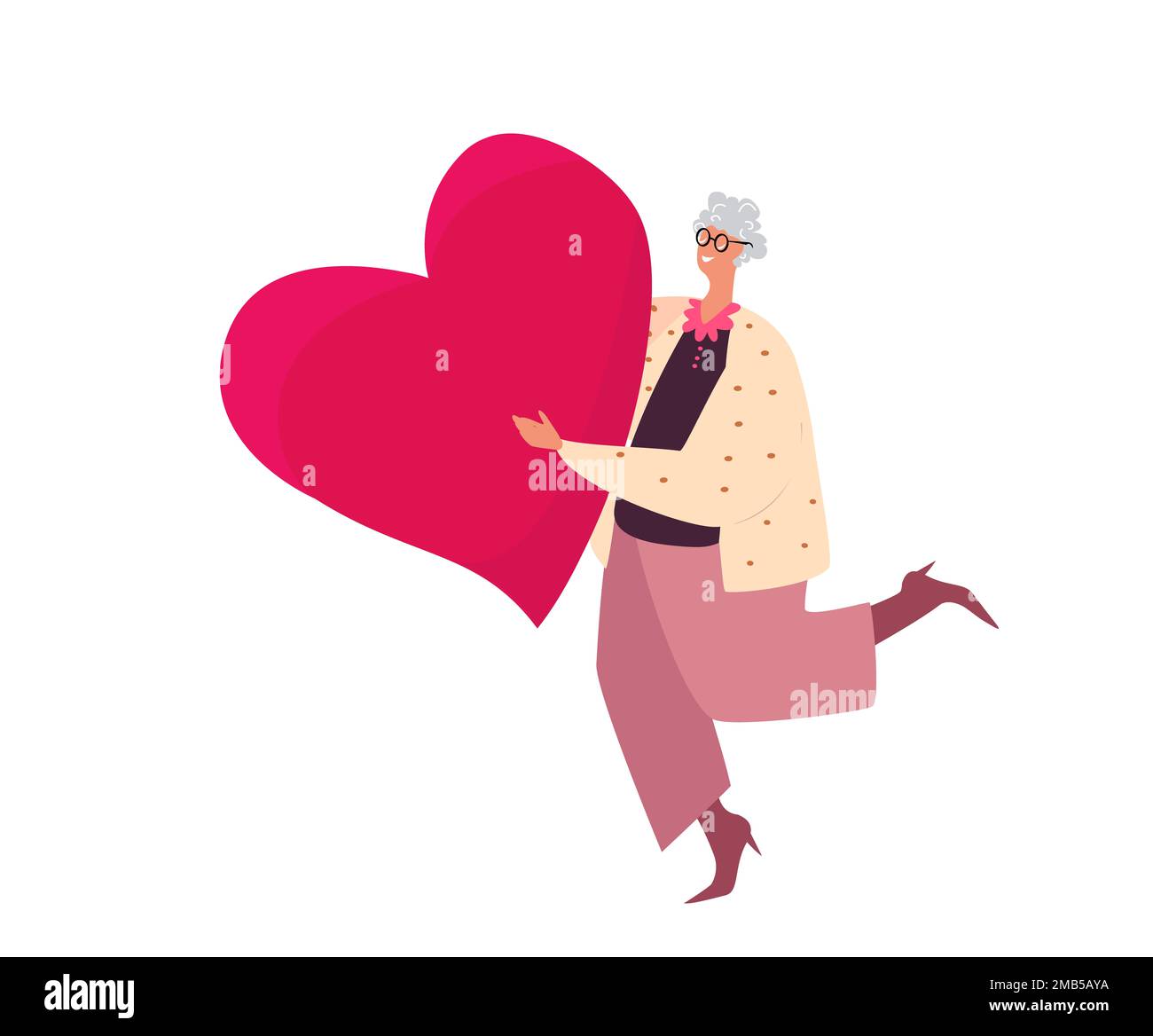 Frohe Überraschung Zum Valentinstag. Ältere Frau im Ruhestand, die ein großes Herz hat. Liebevolle ältere Person, alter Charakter gehen zu Dating, Senioren lieben, Ro Stockfoto