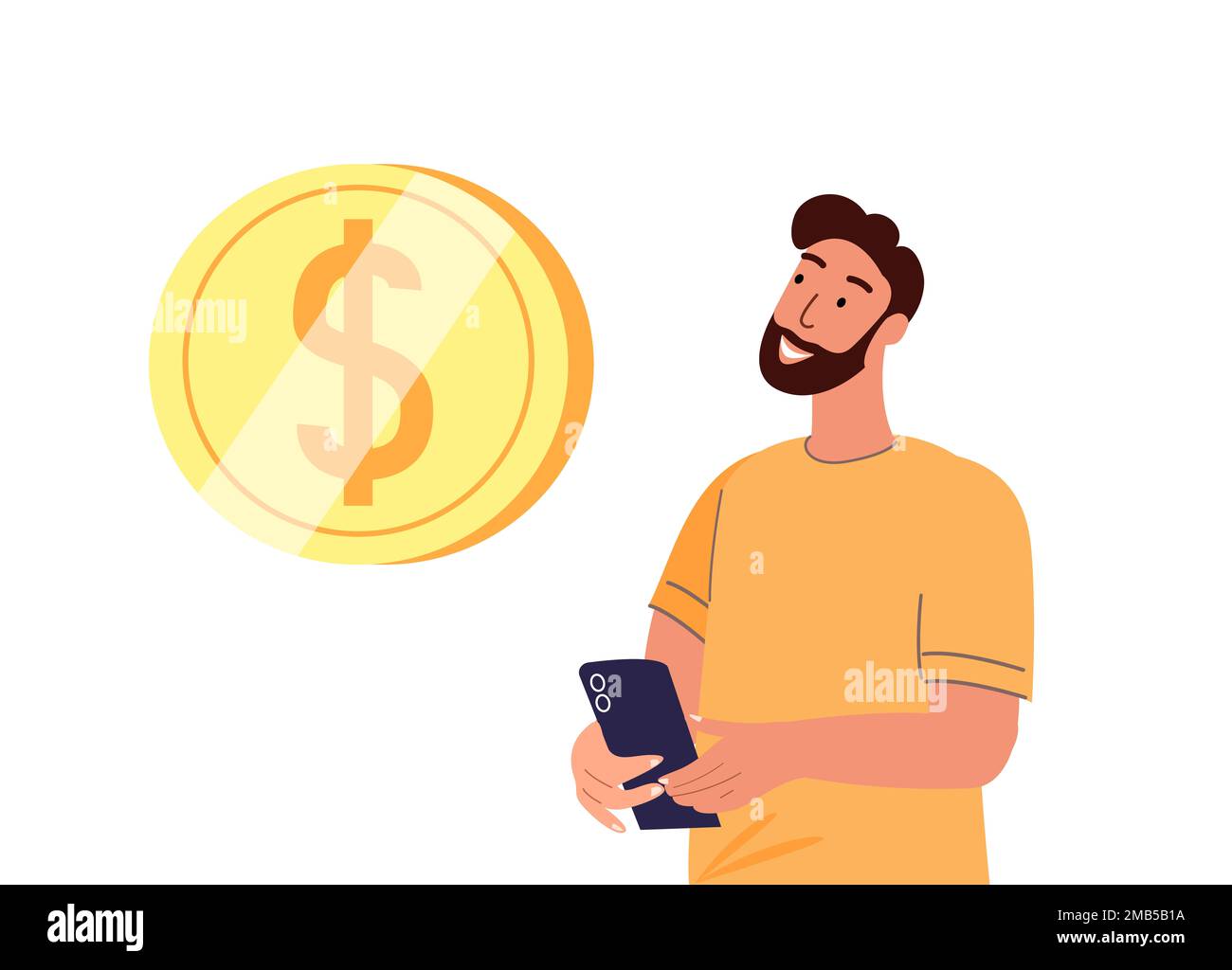 Happy Smiling man männliche Figur Look on Smartphone Display with Dollar Sign Golden Coin.Online Money Transaction Transfer,Pension Deduction,Mobile Sa Stockfoto