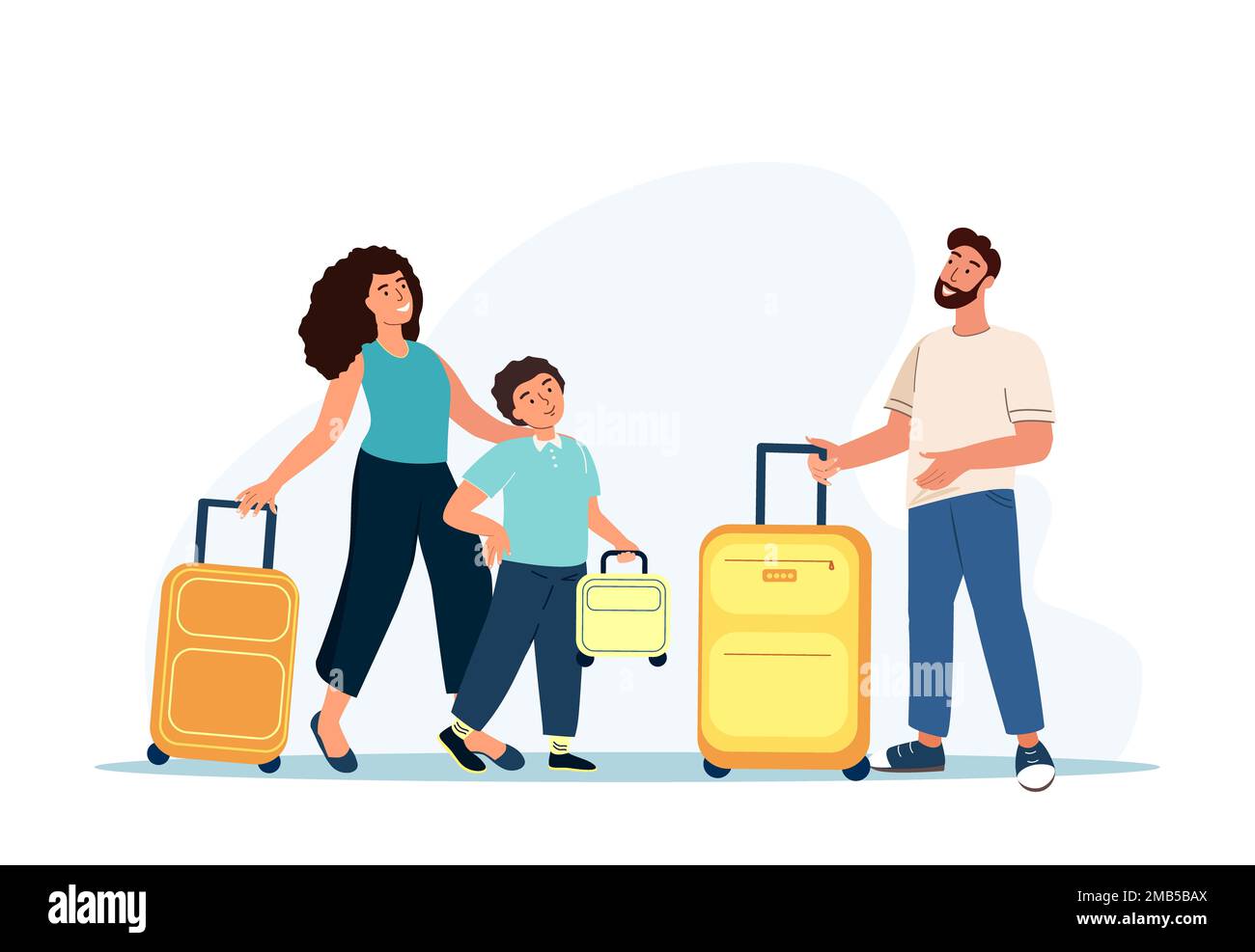 Familienausflug, Reisekonzept. Fröhliche Eltern und Sohn mit Koffer, die zur Anmeldung am Flughafen gehen. Touristische Figuren, Gepäck Boarding im Flugzeug Stockfoto