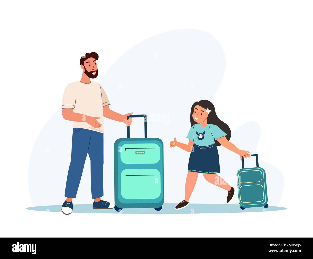 Familienausflug, Reisekonzept. Fröhliche Eltern, Vater und Tochter mit Koffer gehen zur Registrierung am Flughafen. Touristische Figuren, Gepäckboardservice Stockfoto