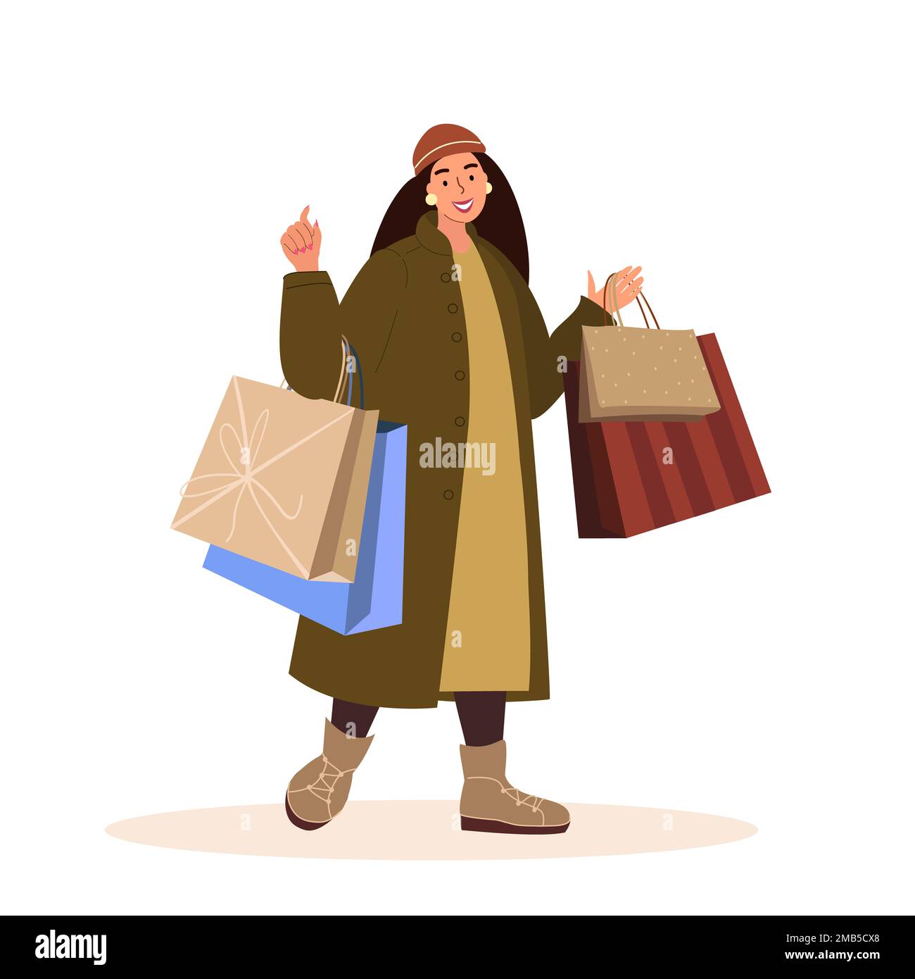 Frau, die mit Weihnachtseinkaufstaschen und Geschenken unterwegs ist, Einkäufe im Freien. Junges Mädchen bei der Vorbereitung auf Winterferien, Weihnachten und Neujahr. Flachvect Stockfoto