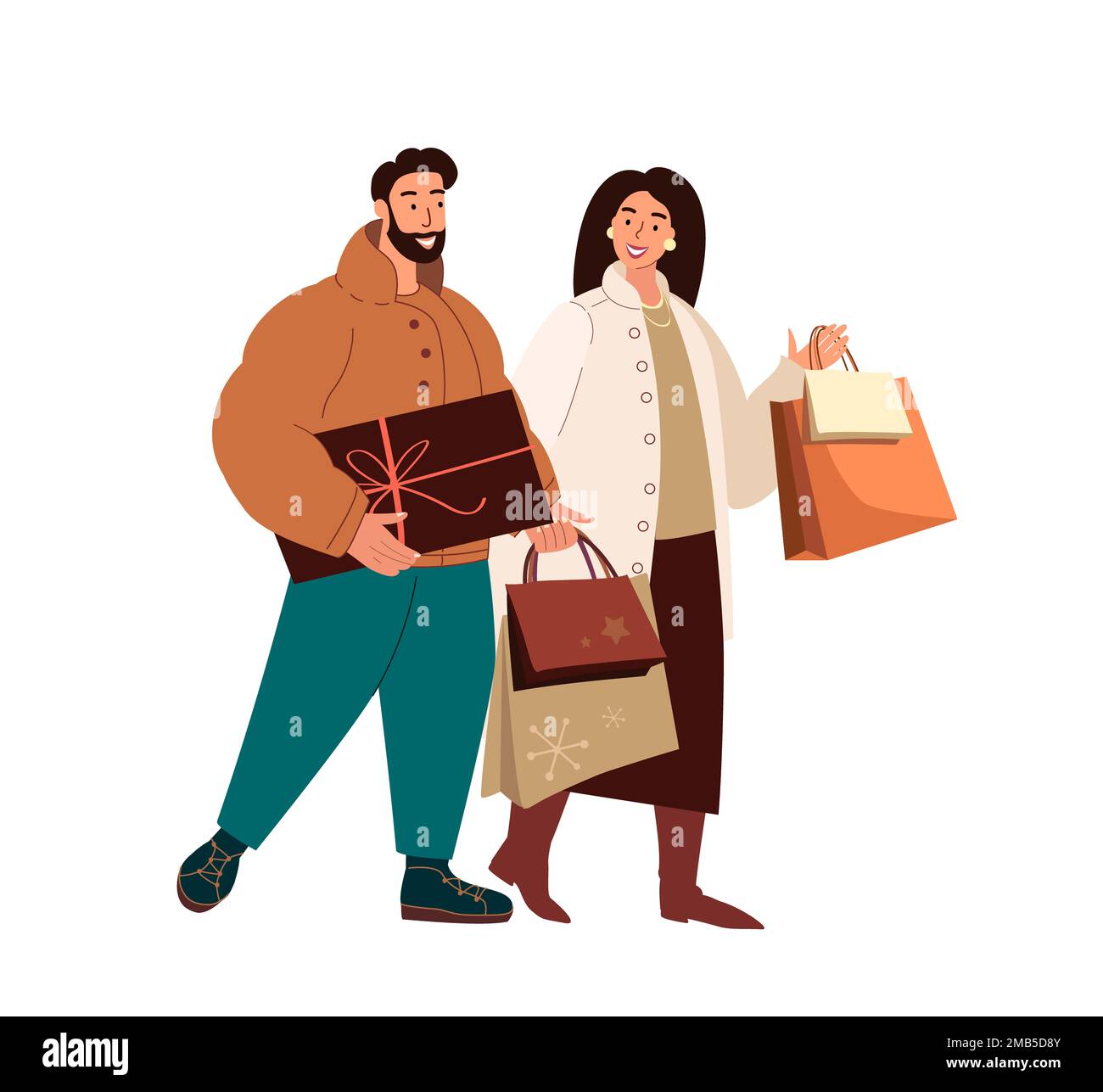 Glückliches Paar mit Einkaufstaschen und Geschenkschachteln für Weihnachten, Winterurlaub. Winterferien. Mann und Frau während der Weihnachtsvorbereitung. Flacher Graphi Stockfoto