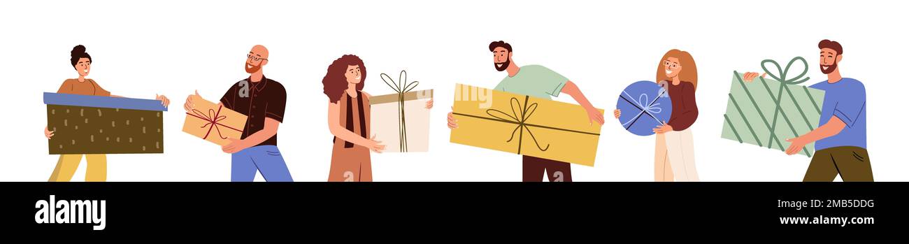 Fröhliche lächelnde Menschen mit Geschenkboxen für Weihnachten, Winterurlaub.Geburtstagsfeier.Männer,Frauen während Weihnachten Vorbereitung.flache Grafik Stockfoto