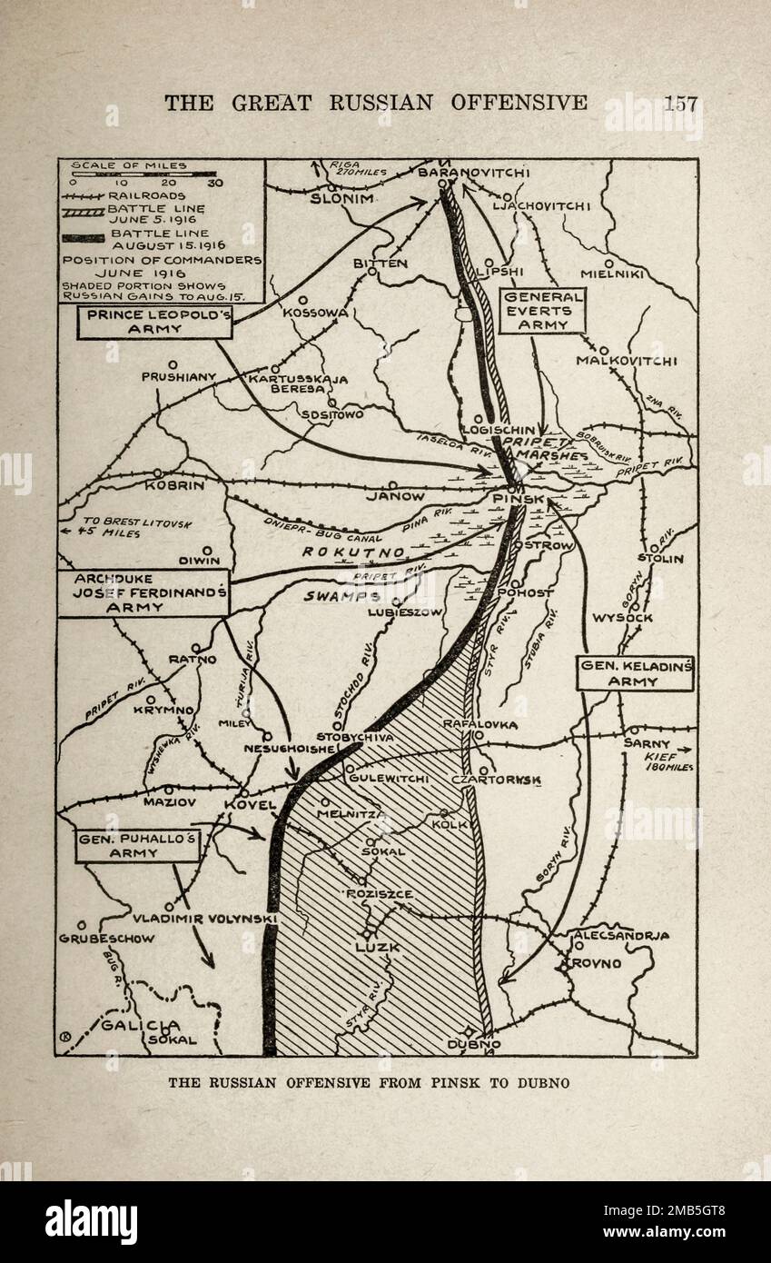 Die russische Offensive von Pinsk nach Dubno aus dem Buch The Story of the Great war; die vollständigen historischen Aufzeichnungen der Ereignisse bis dato VON REYNOLDS, Francis Joseph, 1867-1937; Churchill, Allen Leon; Miller, Francis Trevelyan, 1877-1959; Wood, Leonard, 1860-1927; Knight, Austin Melvin, 1854-1927; Palmer, Frederick, 1873-1958; Simonds, Frank Herbert, 1878-; Ruhl, Arthur Brown, 1876. Band V Veröffentlicht 1916 Stockfoto