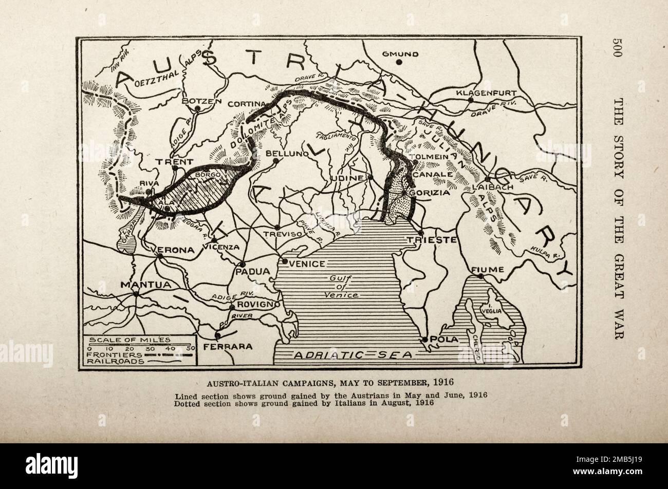 Nach zwei Jahren Krieg Austro-Italienische Kampagnen, Mai bis September 1916 aus dem Buch über die Geschichte des Großen Krieges; vollständige historische Aufzeichnungen der Ereignisse bis dato DIPLOMATISCHE UND STAATLICHE PAPIERE von Reynolds, Francis Joseph, 1867-1937; Churchill, Allen Leon; Miller, Francis Trevelyan, 1877-1959; Wood, Leonard, 1860-1927; Knight, Austin Melvin, 1854-1927; Palmer, Frederick, 1873-1958; Simonds, Frank Herbert, 1878-; Ruhl, Arthur Brown, 1876. Band V Veröffentlicht 1916 Stockfoto