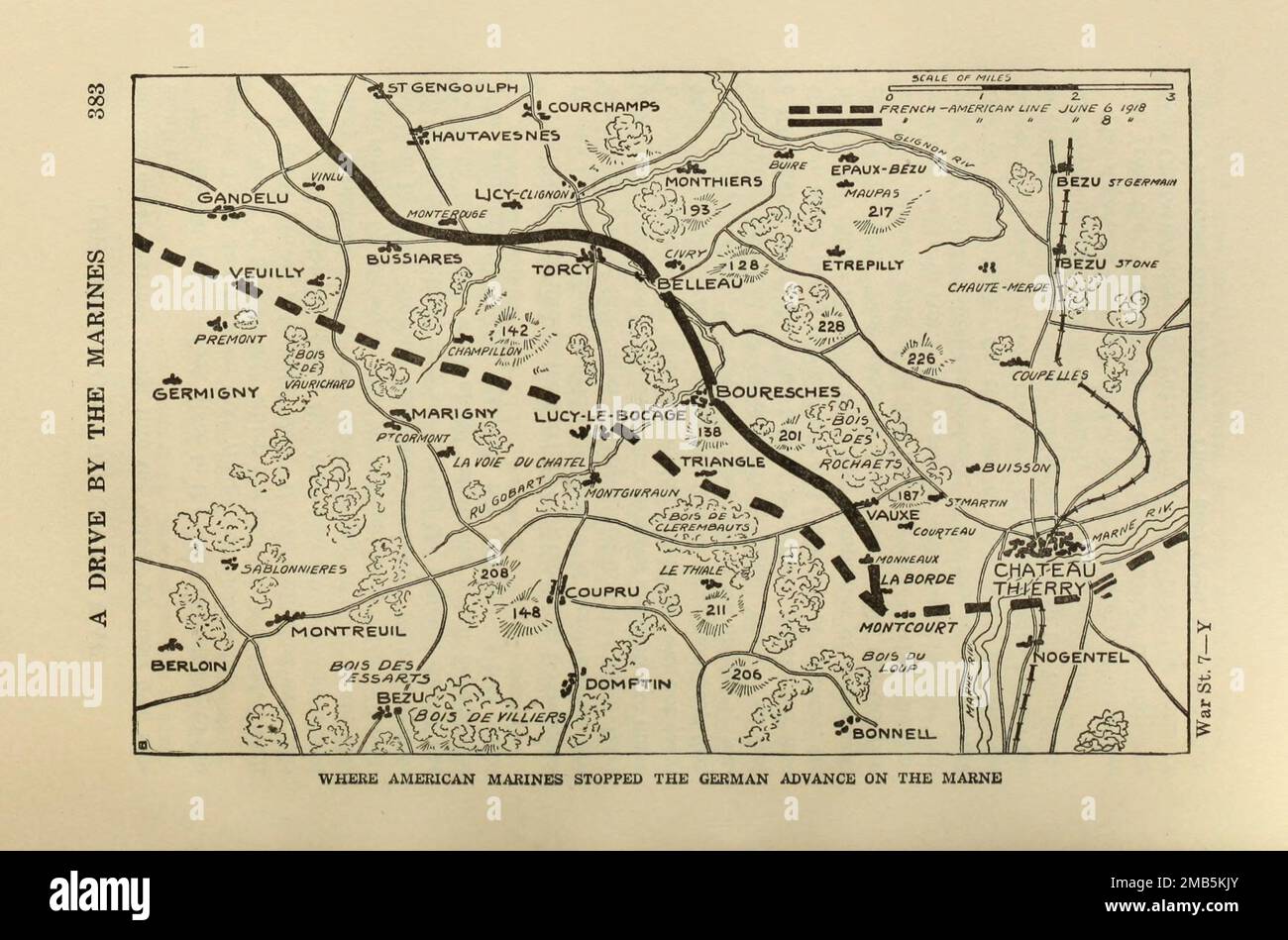 Wo die amerikanischen Marines den deutschen Vormarsch auf der Marne aus dem Buch The Story of the Great war stoppen; die vollständigen historischen Aufzeichnungen der Ereignisse bis dato DIPLOMATISCHE UND STAATLICHE PAPIERE von Reynolds, Francis Joseph, 1867-1937; Churchill, Allen Leon; Miller, Francis Trevelyan, 1877-1959; Wood, Leonard, 1860-1927; Knight, Austin Melvin, 1854-1927; Palmer, Frederick, 1873-1958; Simonds, Frank Herbert, 1878-; Ruhl, Arthur Brown, 1876. Band VII Veröffentlicht 1920 Stockfoto