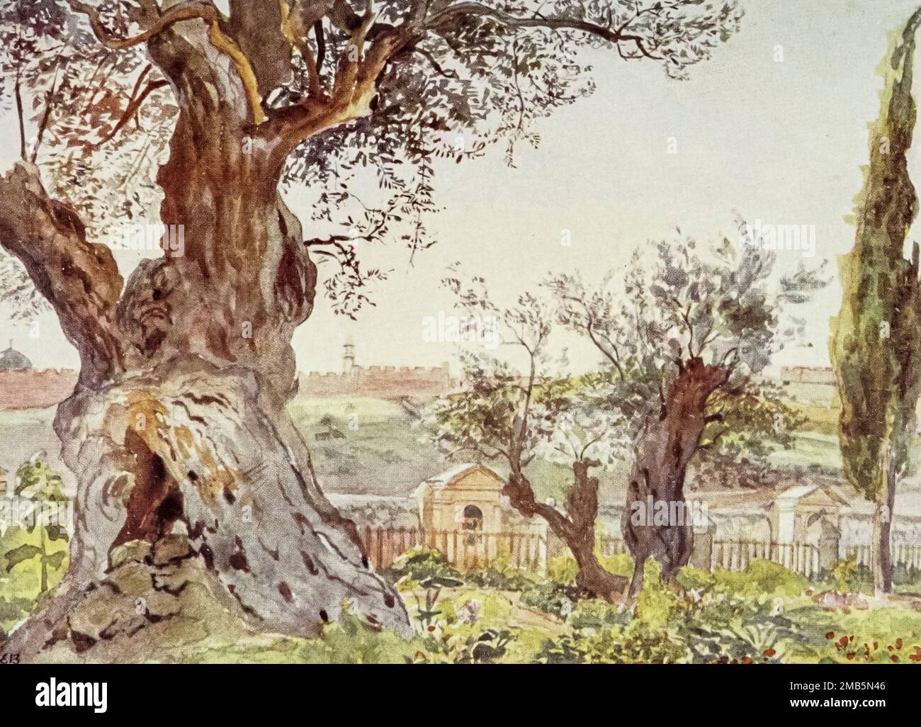Im Garten von Gethsemane. Am Nächsten Tag. Mit Blick auf das Tal von Jehoshaphat, Teil des Gartens im Vordergrund unter alten Olivenbäumen und Zypressen. Stationen des Kreuzes entlang des Pfads innerhalb der Grenzwand. Mauern von Jerusalem und Spitze der Moschee von Omar im Hintergrund. Time, am frühen Nachmittag aus dem Buch " Letters from the Holy Land " von Elizabeth Butler, veröffentlicht in London von Adam & Charles Black, erstmals veröffentlicht im Jahr 1903 und neu gedruckt im Jahr 1906 Stockfoto
