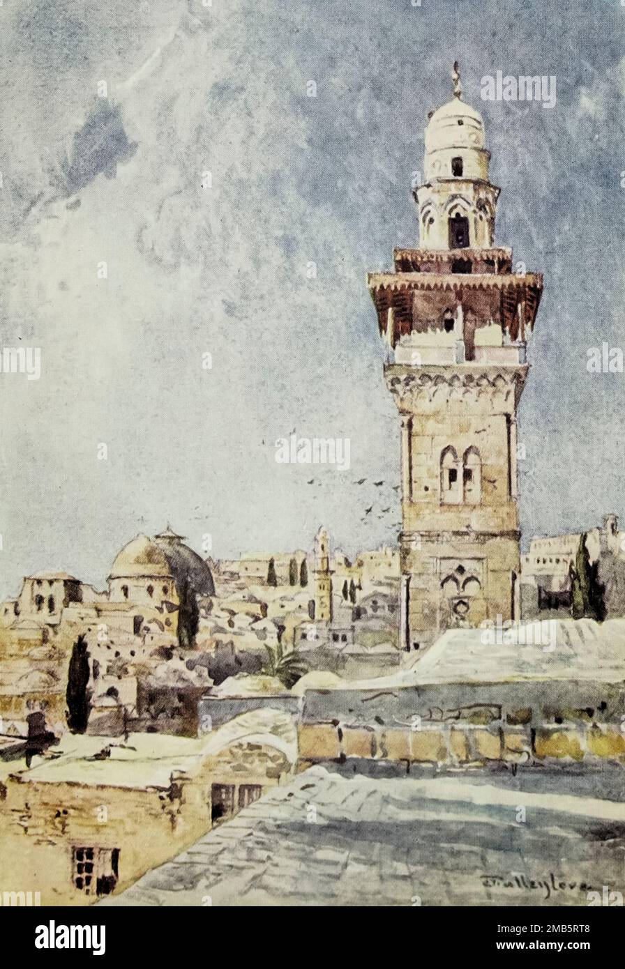 Ein Minarett im Nordwesten Corner of the Temple Area gemalt von John Fulleylove aus dem Buch " The Holy Land " beschrieben von John Kelman 1864-1929 Publisher London : A. & C. Black. Publisher 1902 Stockfoto