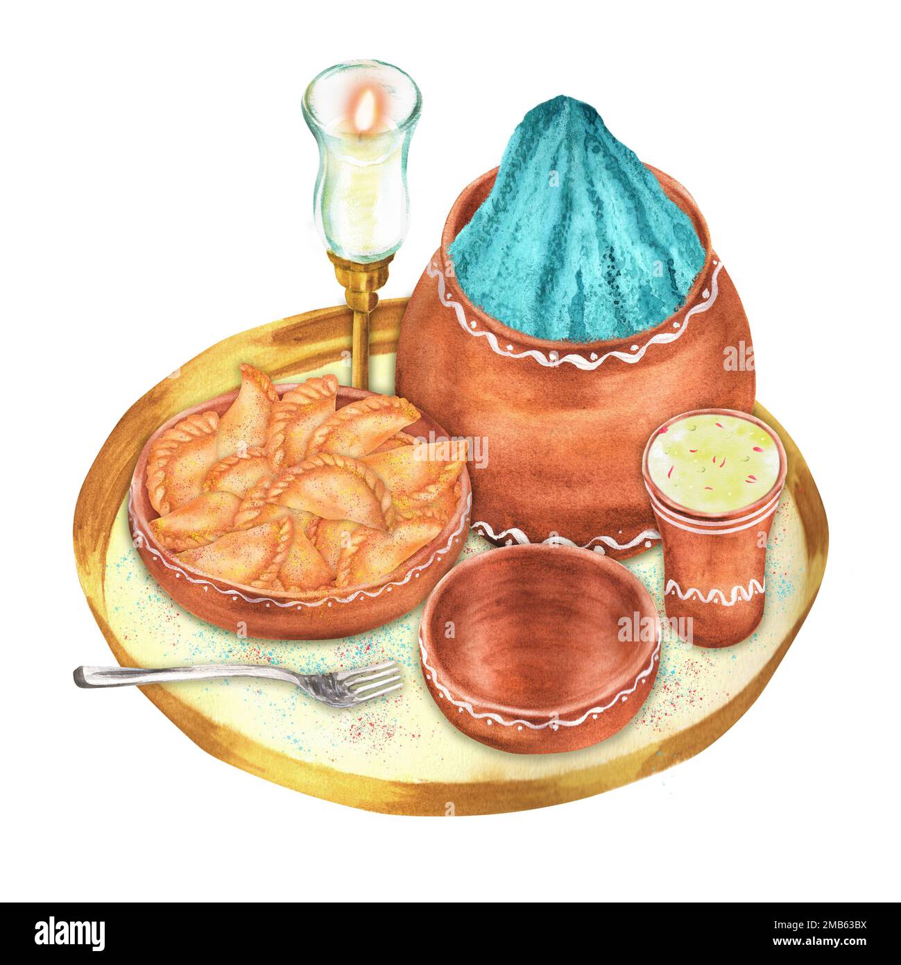 Handgezeichnete Aquarellfarben-Komposition für die Feierlichkeiten in Holi: Thandai-Getränk, Gujiya, Pulverfarbe und Kerze auf dem Tablett. Ein Teil des großen Holi-Sets der Illu Stockfoto