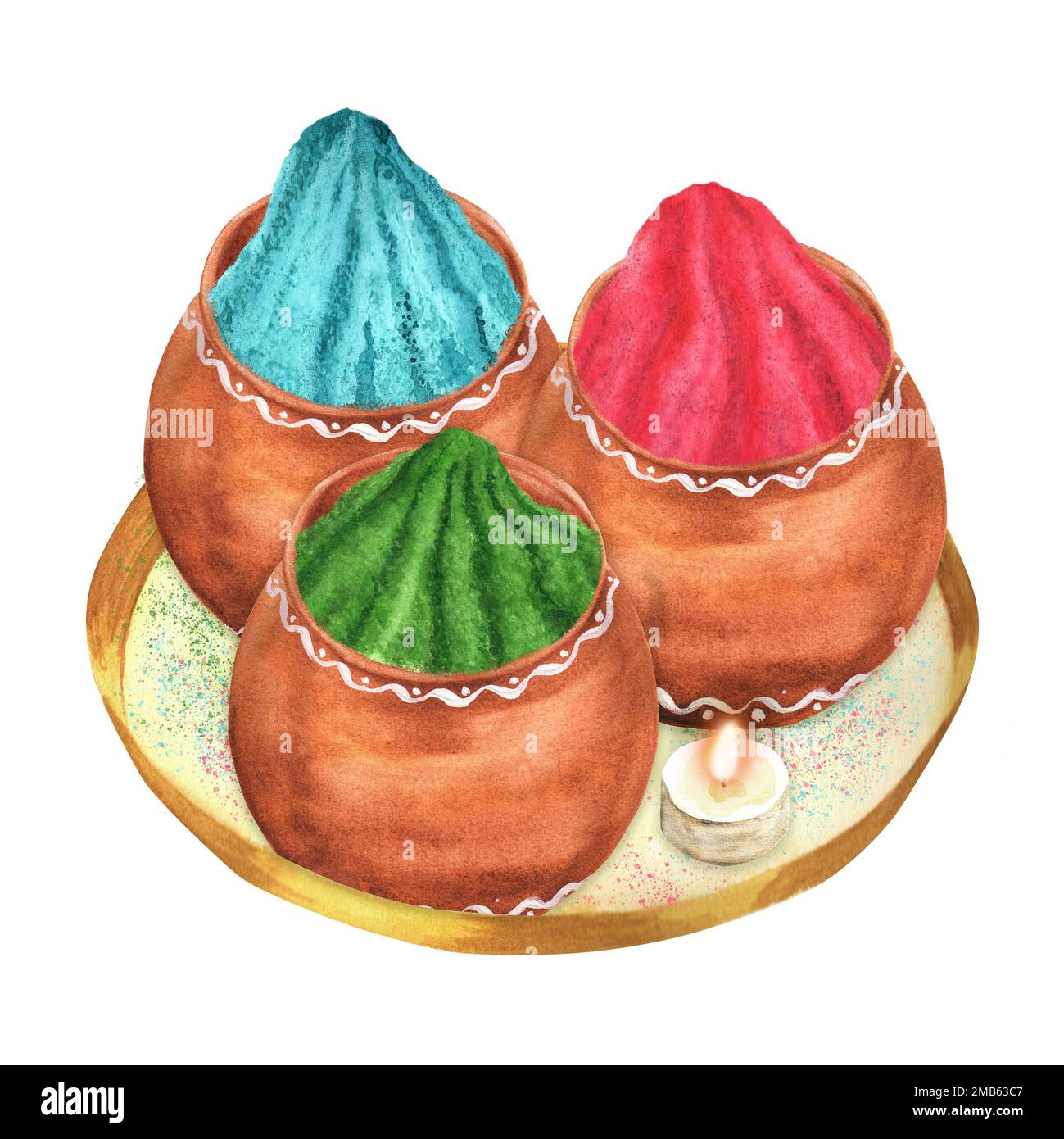 Drei Wassertöpfe mit Pulverfarben: Blau, grün und magenta auf dem Tablett mit Teekerze. Ein Teil der großen Holi-Illustrationen Stockfoto
