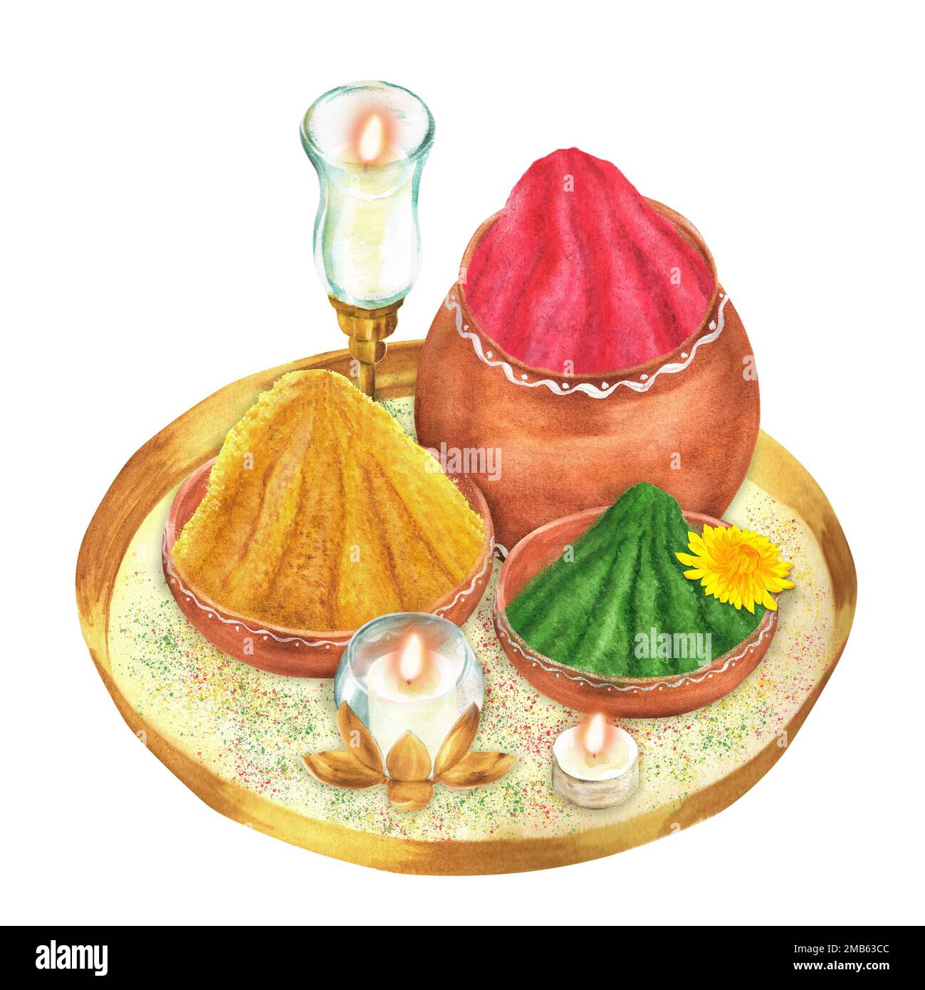 Drei Aquarelltöpfe mit Pulverfarben: Magenta, Grün und Gelb auf dem Tablett mit drei Kerzen. Ein Teil der großen Holi-Illustrationen Stockfoto