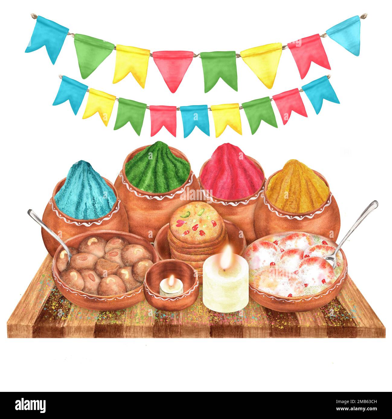 Handgezeichnete Aquarell-Holi-Zusammensetzung: 4 Töpfe mit Pulverfarben, Nahrung und Kerzen. Ein Teil des großen Holi-Sets von illustrations1111 Stockfoto