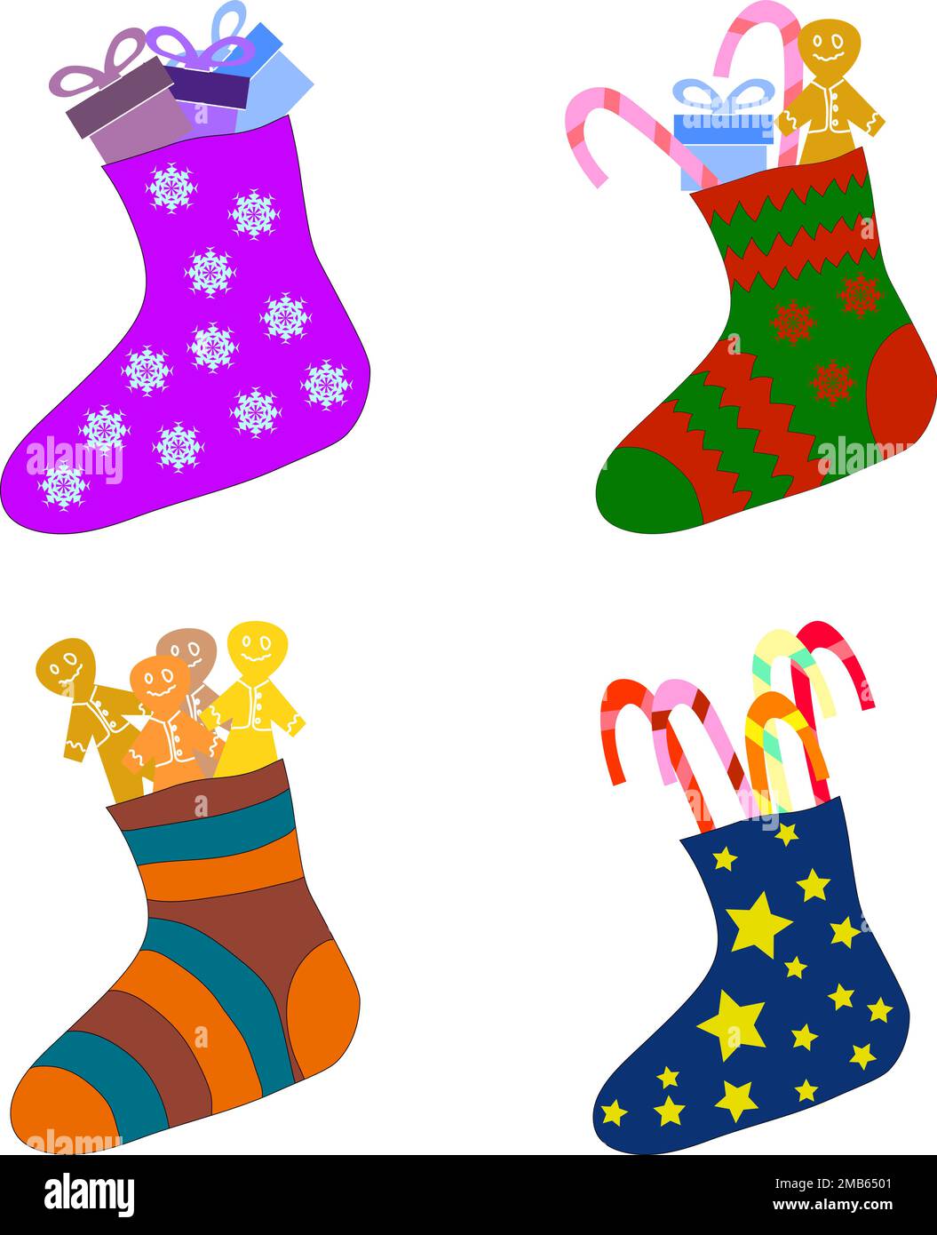 Set aus bedruckten Weihnachtsgeschenken Socken weihnachtsstrumpf gefüllt mit Geschenkschachteln, Lebkuchenmann und Zuckerrohr Stock Vektor