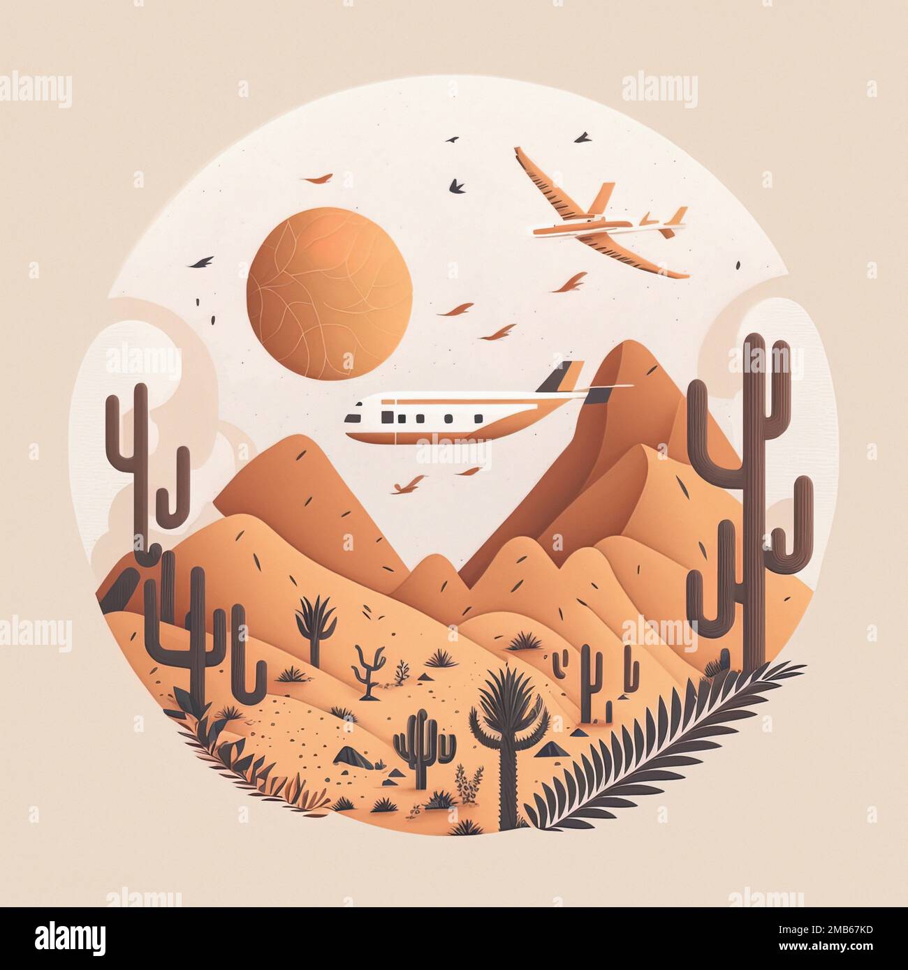 Wüstenlandschaft mit Kakteen, Hügeln und Gebirgssilhouetten. Sonnenuntergang in der mexikanischen Wüste. Silhouetten von Kakteen und Pflanzen. Wüstenlandschaft mit Stockfoto