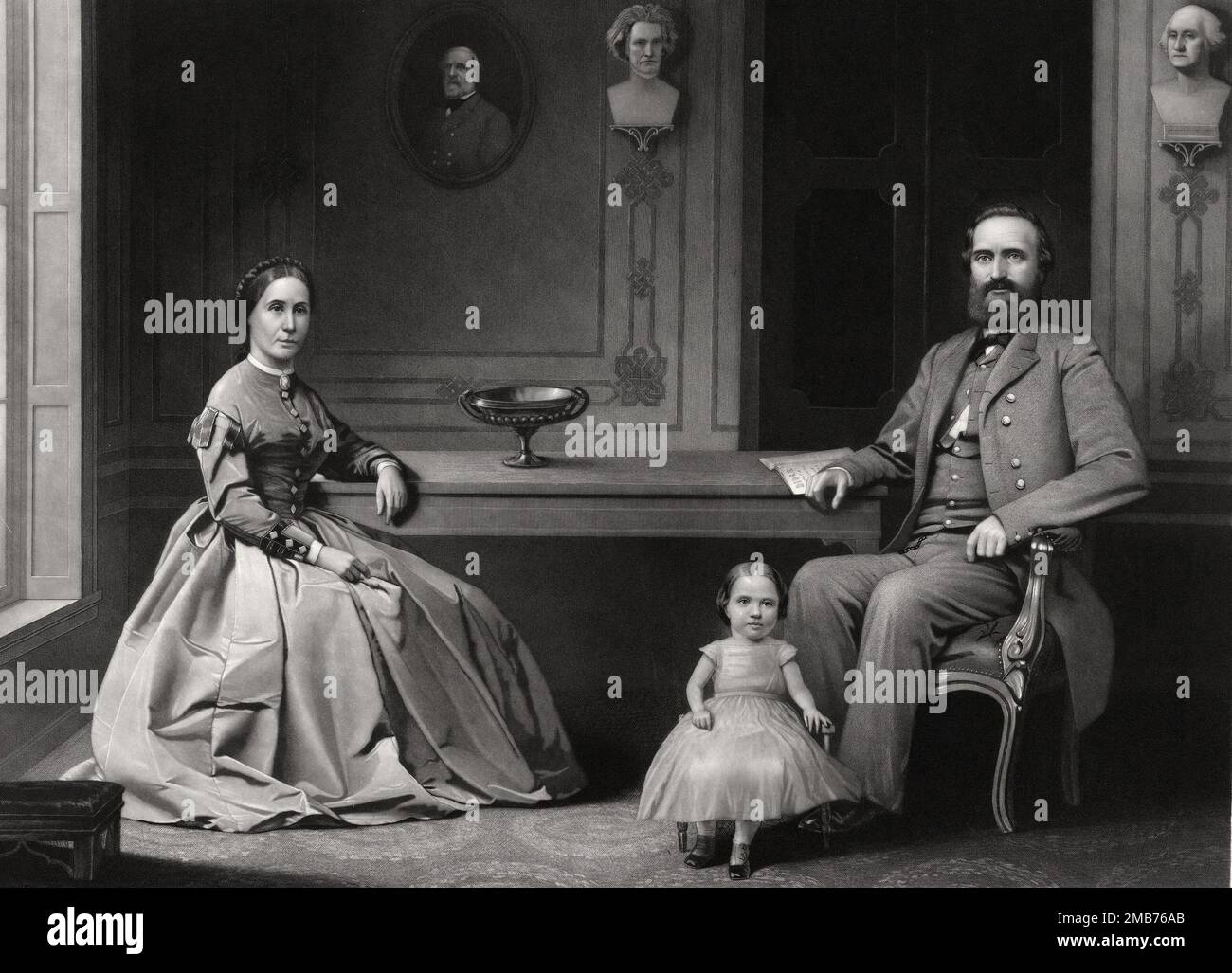 Eine Gravur des Konföderierten General Thomas Jackson (fast ausschließlich unter seinem Spitznamen Stonewall Jackson bekannt) mit seiner zweiten Frau Mary Anna Morrison und ihrer Tochter Julia. Stockfoto
