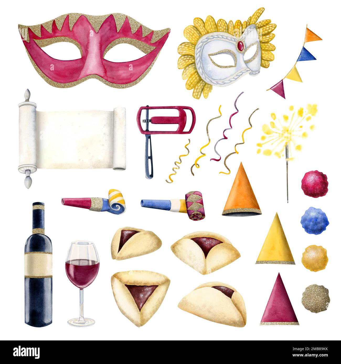 Aquarelle Purim-Symbole für jüdische Feiertagspartys: Masken, Klapperschlangen, Hamantaschen, Esther-Schriftrolle, koscherer Wein Stockfoto