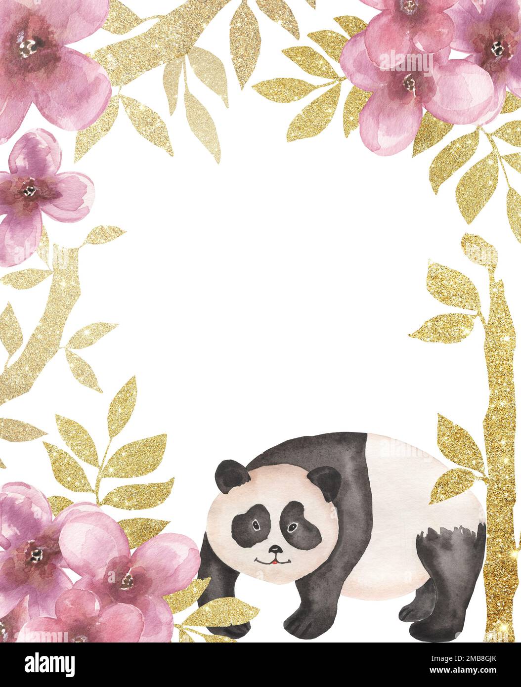 Panda mit goldenem Bambus und rosa Blumenrahmen, Panda umgeben von Bambuszweigen und Blüten, handgemalte Komposition, Aquarell-Illustration, mit C. Stockfoto