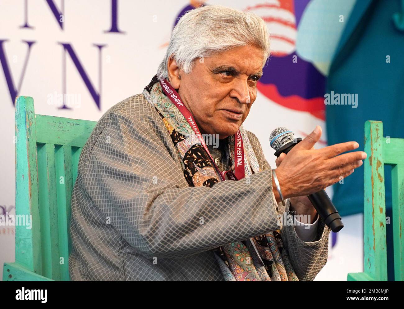 Der Dichter Javed Akhtar während des Jaipur Literature Festivals in Jaipur, der Hauptstadt des indischen Staates Rajasthan am 20. Januar 2023. Foto von ABACAPRESS.COM Stockfoto