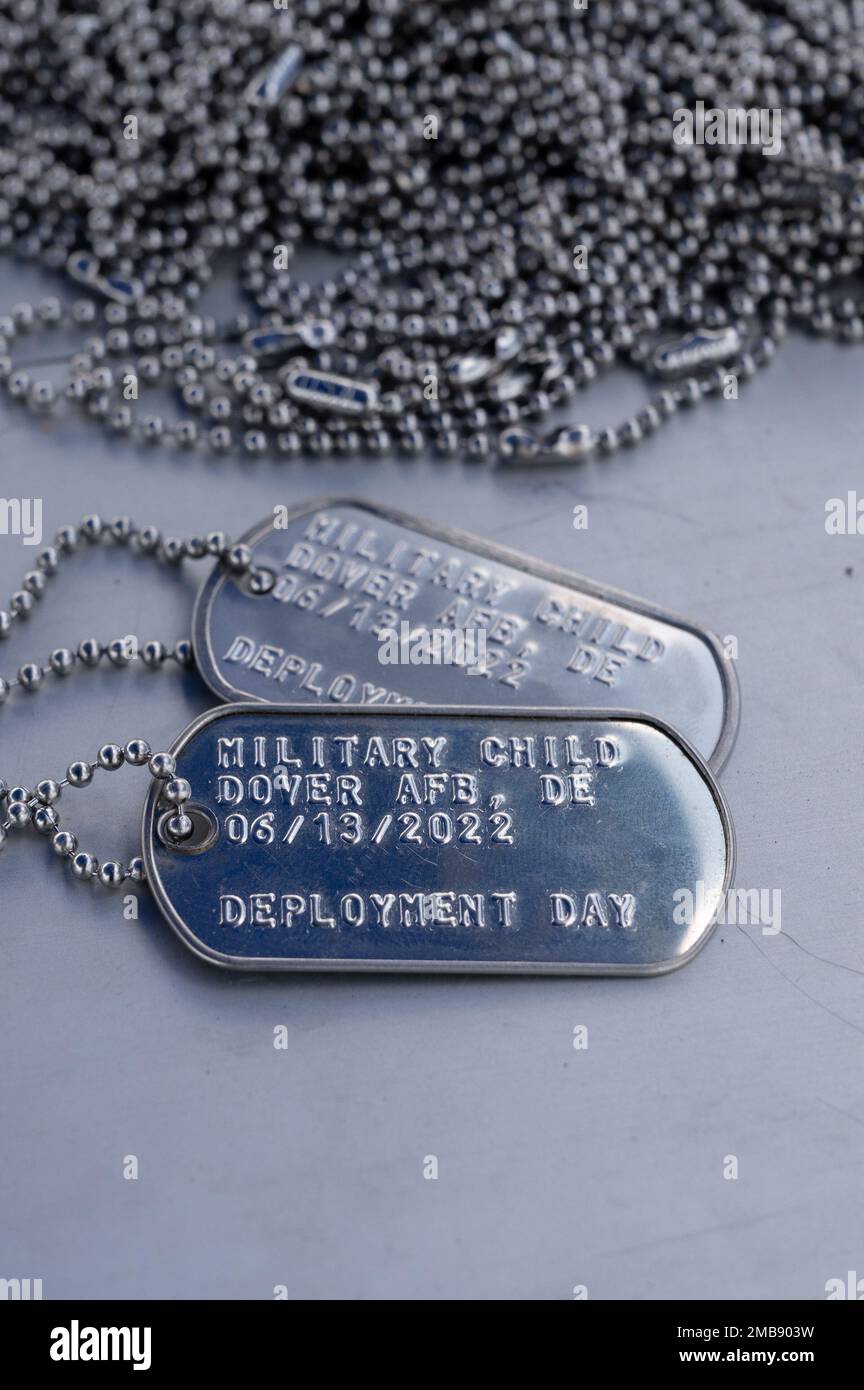 Hundemarken wurden während der 2022 Children's Day Celebration am Luftwaffenstützpunkt Dover, Delaware, am 13. Juni 2022 als Geschenk verteilt. Bei der diesjährigen Feier wurden den Familien des Teams Dover Outdoor-Aktivitäten und eine Scheineinsätze angeboten. Stockfoto