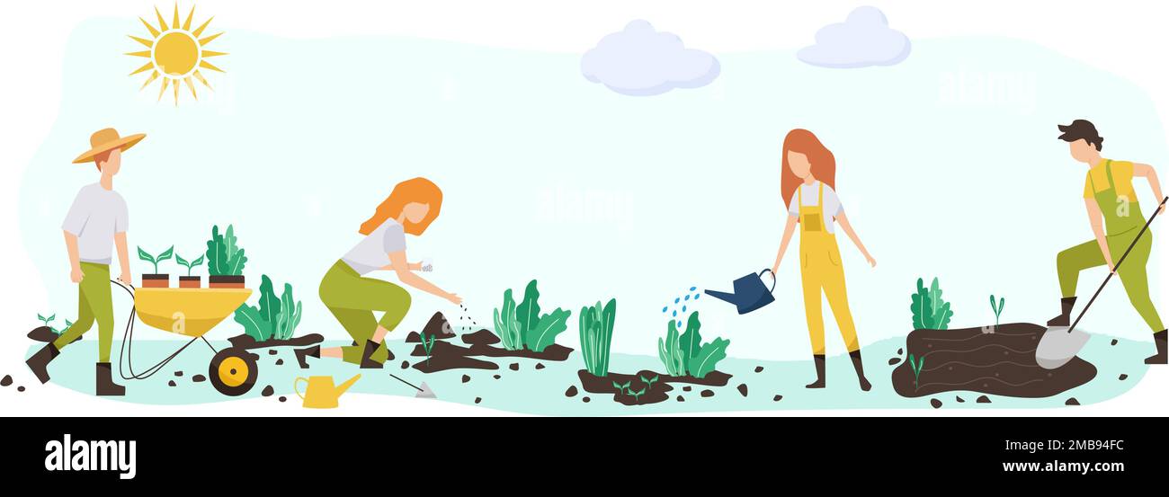 Gärtnern Leute Set, Spring.Flat Vektorkonzept Illustration von verschiedenen Menschen - Männer und Frauen, die Hobby Gartenarbeit machen.Frühjahrsgärtnerkonzept Stock Vektor
